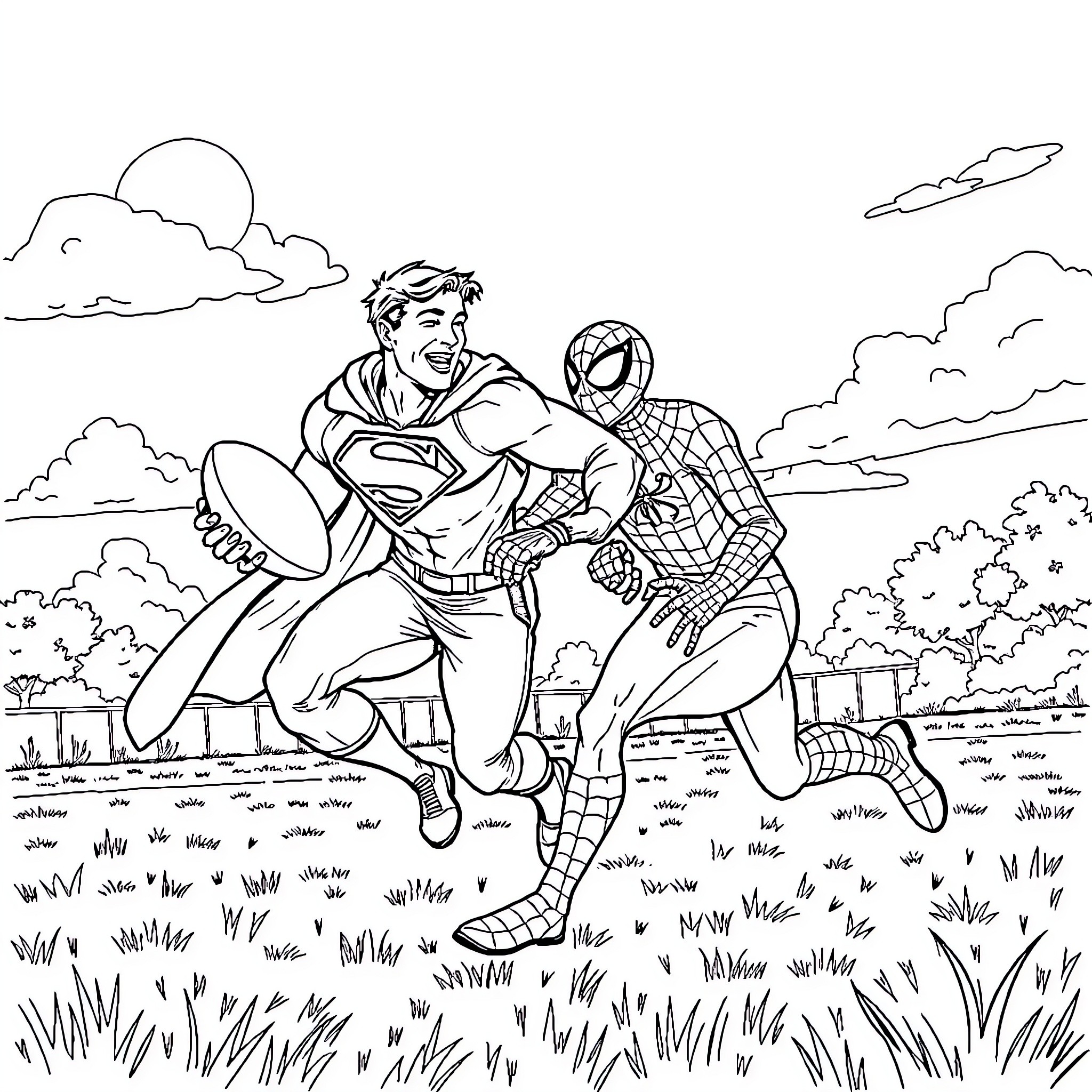 Superman and Spider-Man heroic adventure in the outdoors Coloring Page (free black-and-white line drawing printable PDF for all, from beginners to advanced learners, including children, teens, adults, and seniors)