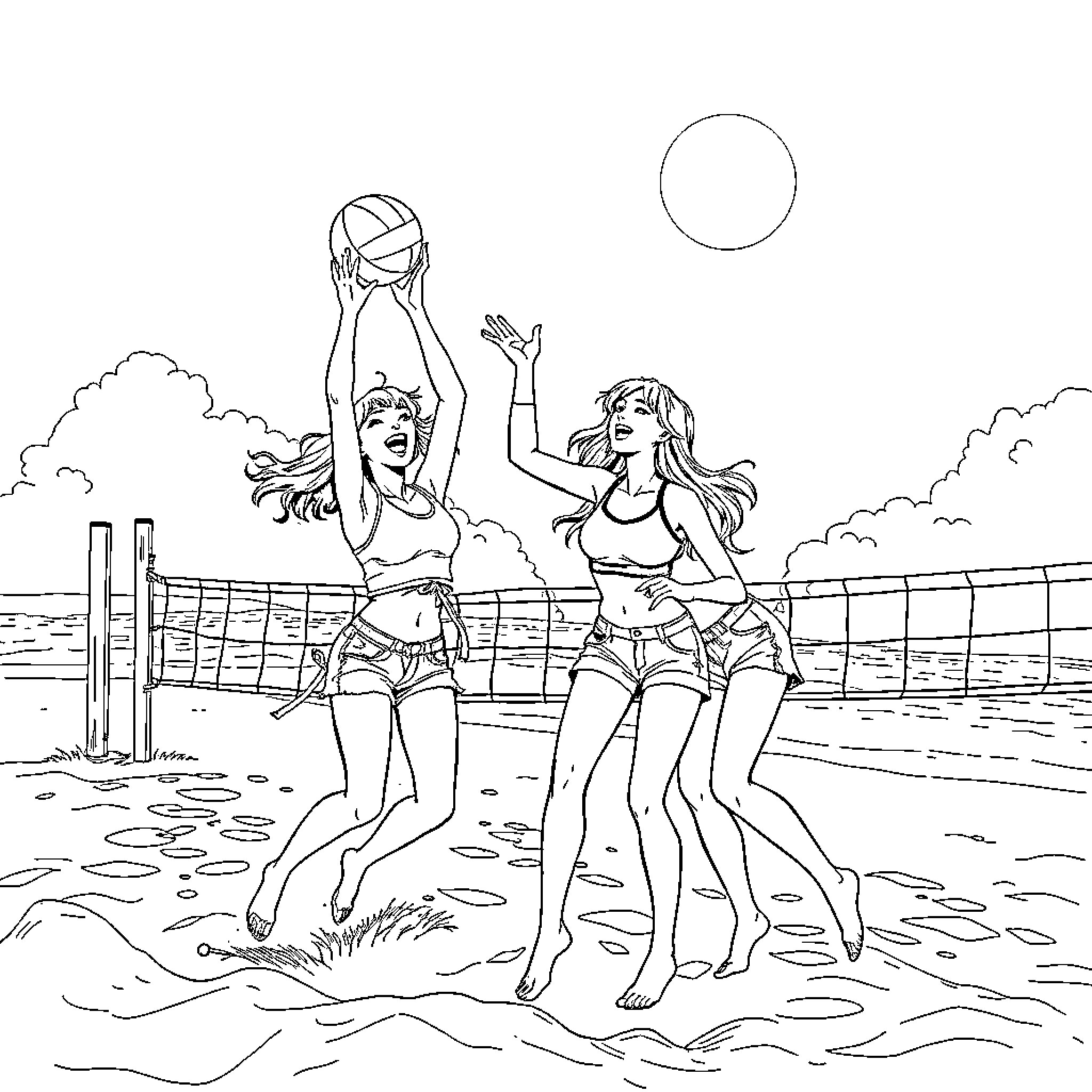 Rumi's beach volleyball game with friends Coloring Page (free black-and-white line drawing printable PDF for all, from beginners to advanced learners, including children, teens, adults, and seniors)