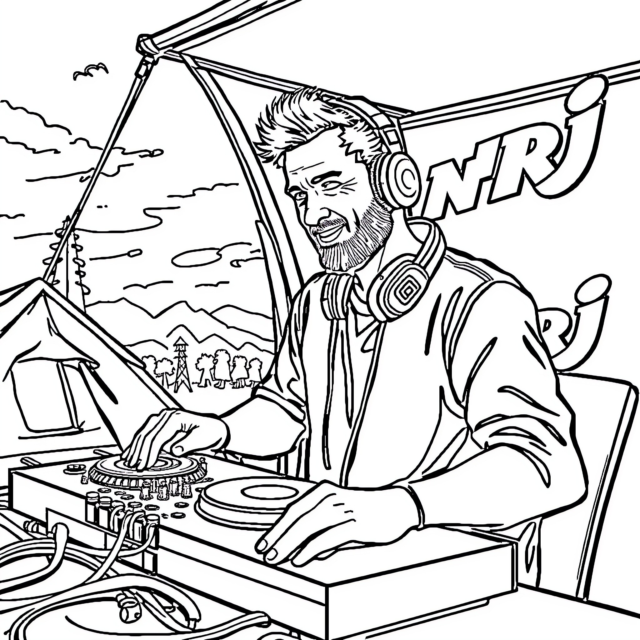 DJ performing at outdoor music festival Coloring Page (free black-and-white line drawing printable PDF for all, from beginners to advanced learners, including children, teens, adults, and seniors)