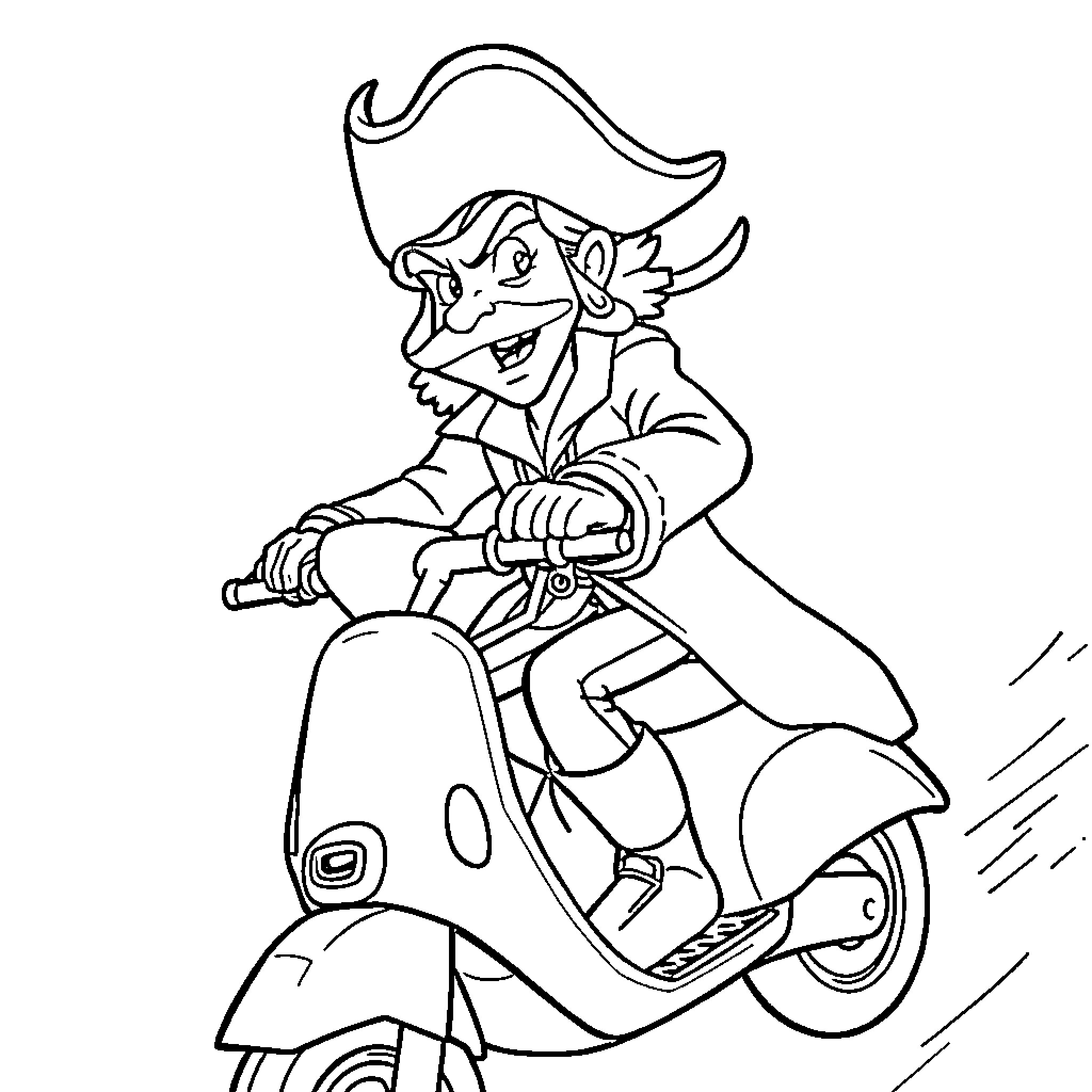 Captain Hook Riding Scooter Whimsically Coloring Page (free black-and-white line drawing printable PDF for all, from beginners to advanced learners, including children, teens, adults, and seniors)