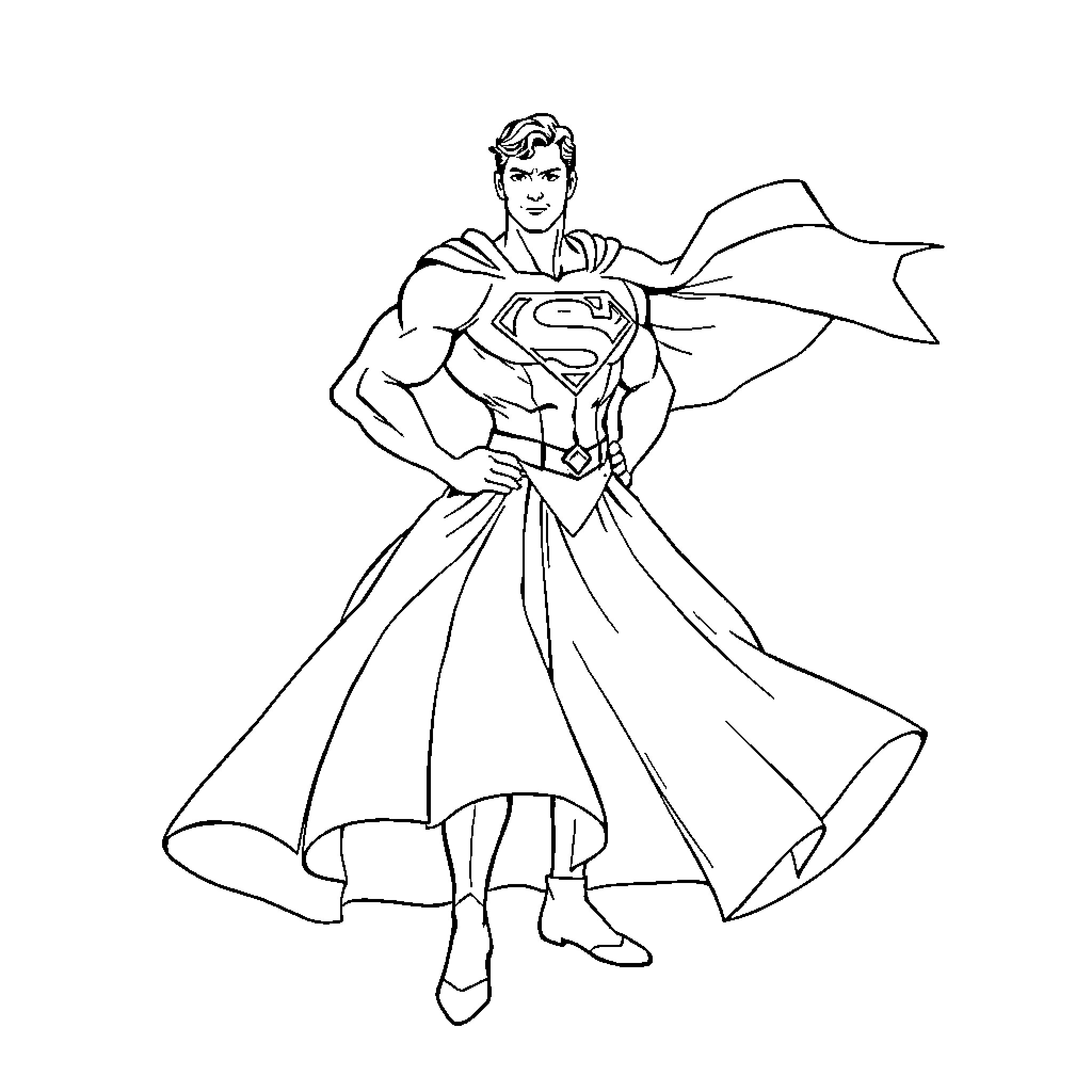 Superman in heroic pose with flowing cape Coloring Page (free black-and-white line drawing printable PDF for all, from beginners to advanced learners, including children, teens, adults, and seniors)
