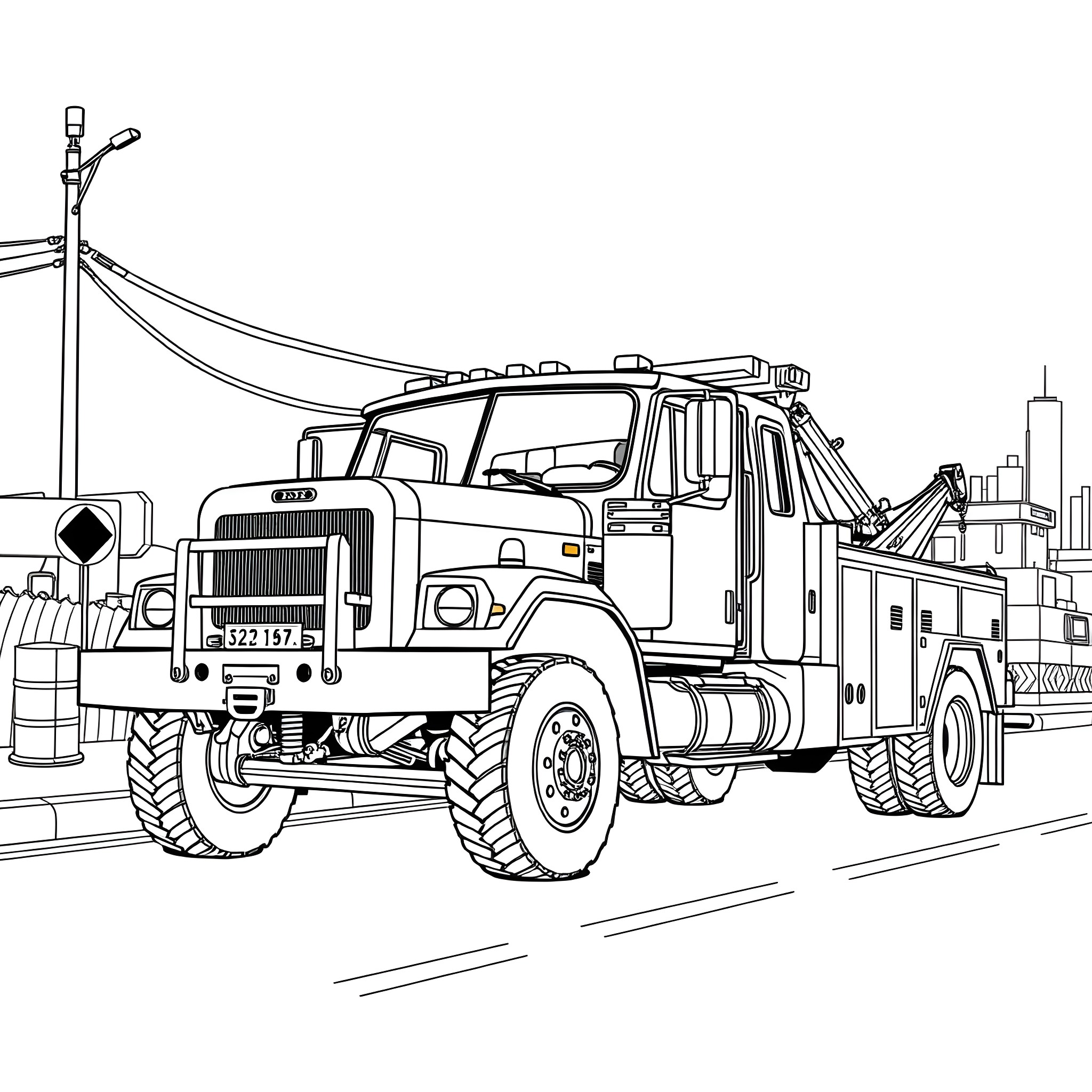 Wrecker truck hauling damaged vehicle in the city Coloring Page (free black-and-white line drawing printable PDF for all, from beginners to advanced learners, including children, teens, adults, and seniors)