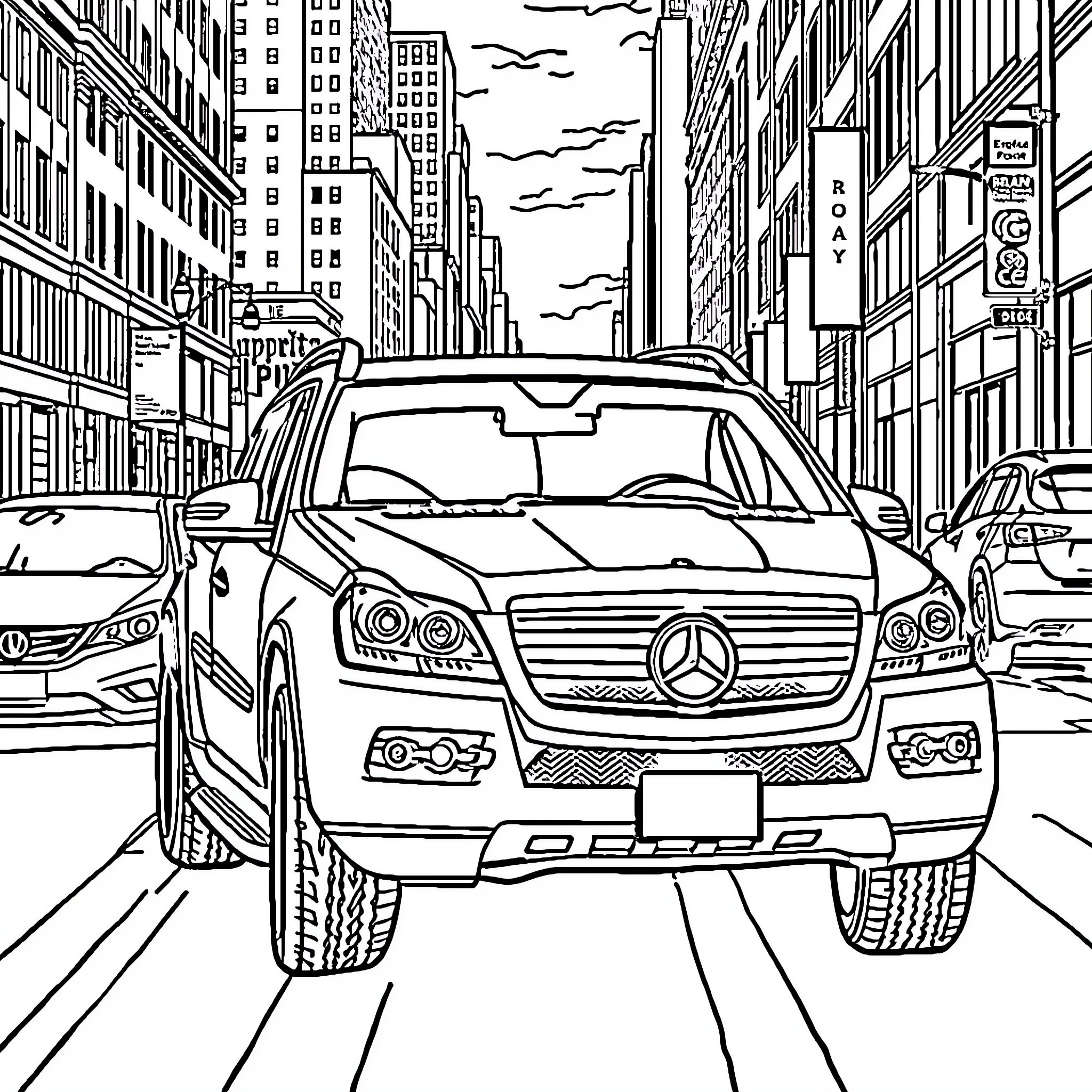 Mercedes SUV driving through busy city street Coloring Page (free black-and-white line drawing printable PDF for all, from beginners to advanced learners, including children, teens, adults, and seniors)