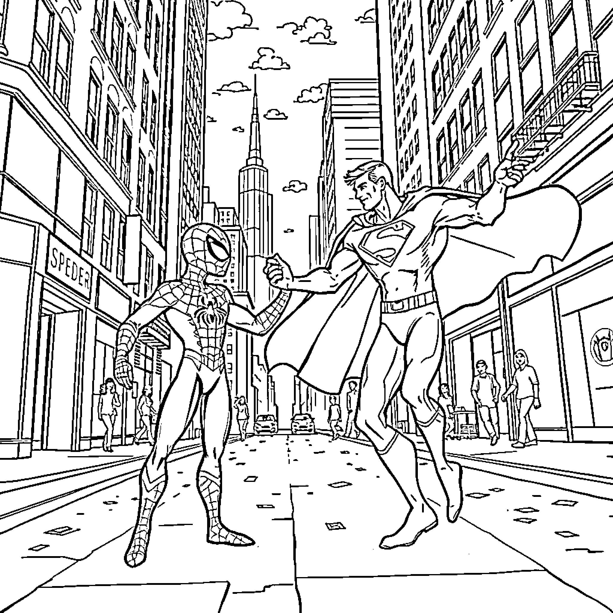 Spiderman and Superman in action on city street Coloring Page (free black-and-white line drawing printable PDF for all, from beginners to advanced learners, including children, teens, adults, and seniors)