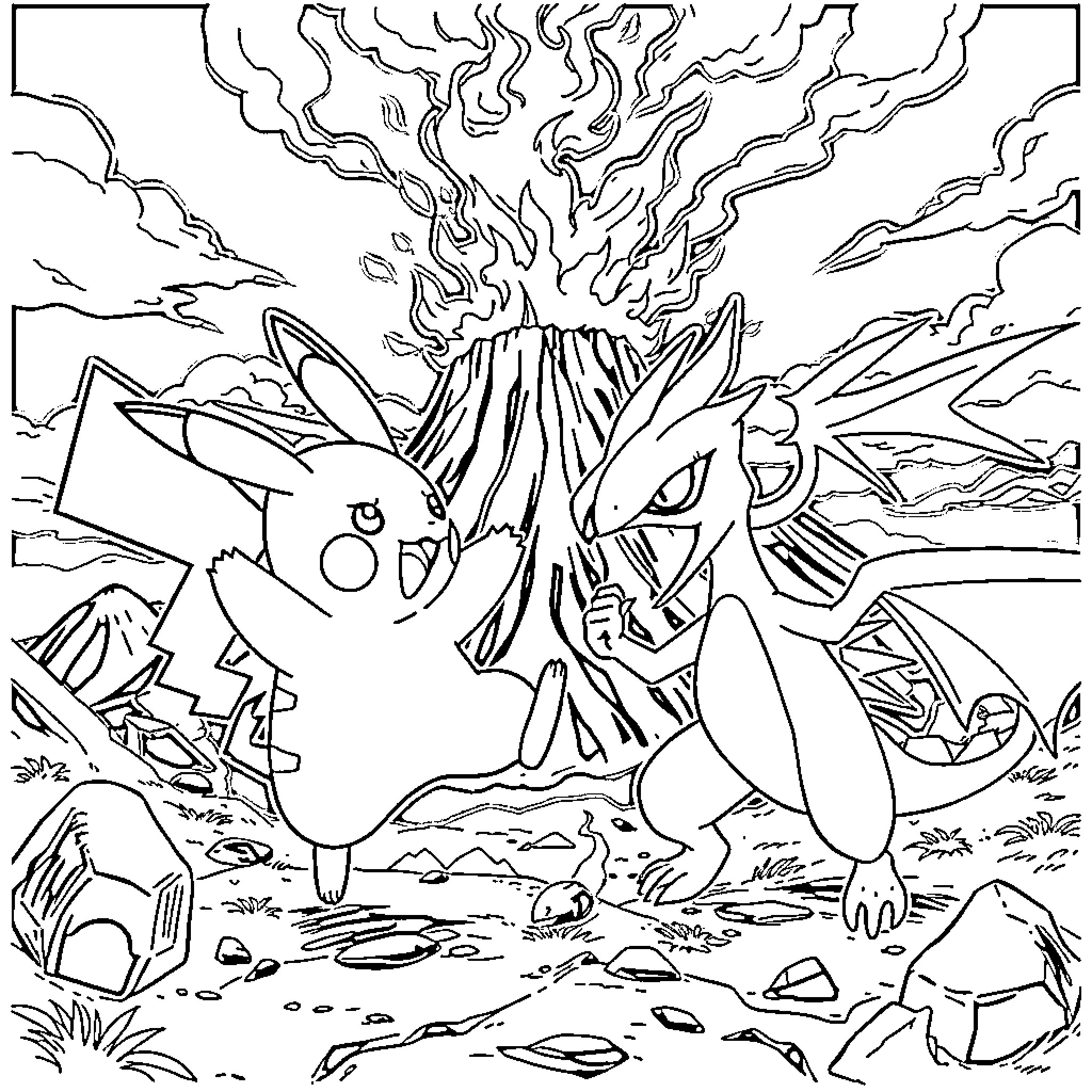 Pikachu Battling a Fierce Pokémon in a Volcanic Landscape Coloring Page (free black-and-white line drawing printable PDF for all, from beginners to advanced learners, including children, teens, adults, and seniors)