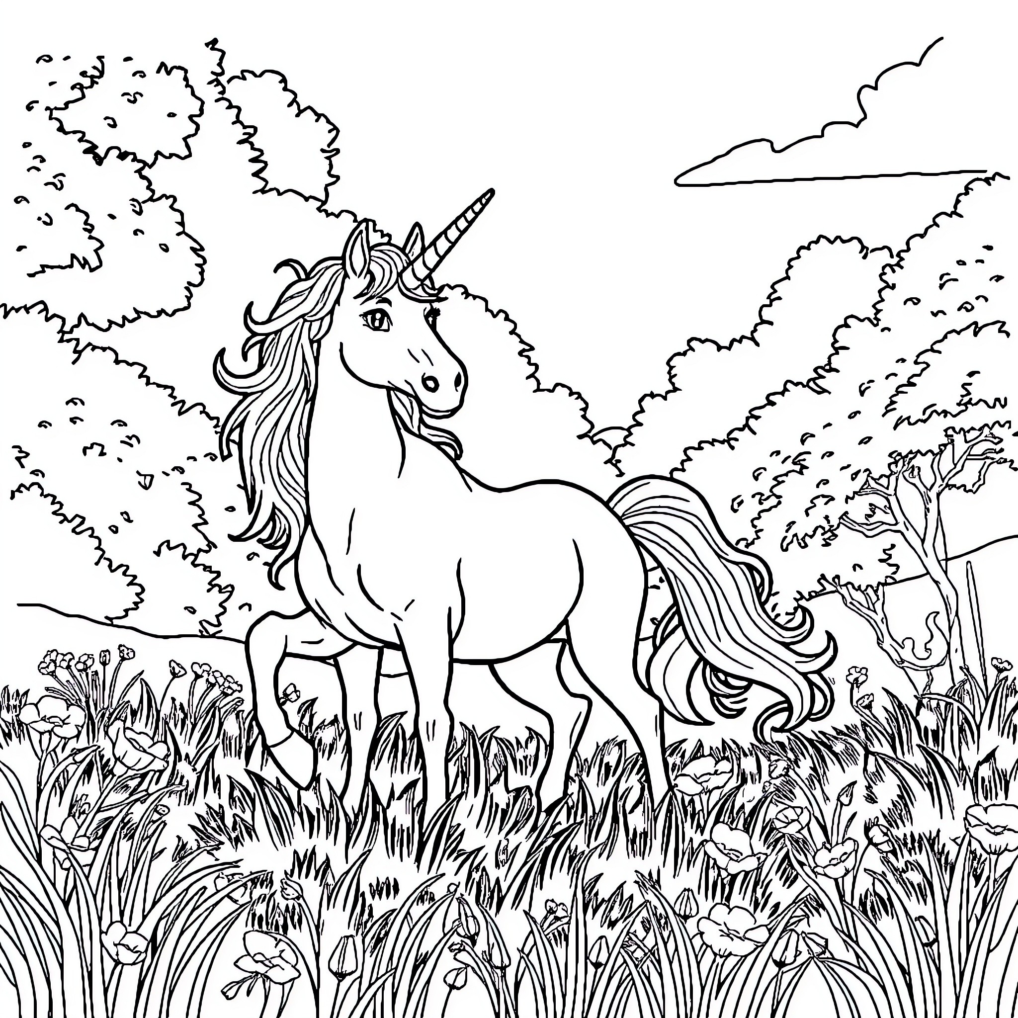 Unicorn standing majestically in enchanted meadow Coloring Page (free black-and-white line drawing printable PDF for all, from beginners to advanced learners, including children, teens, adults, and seniors)