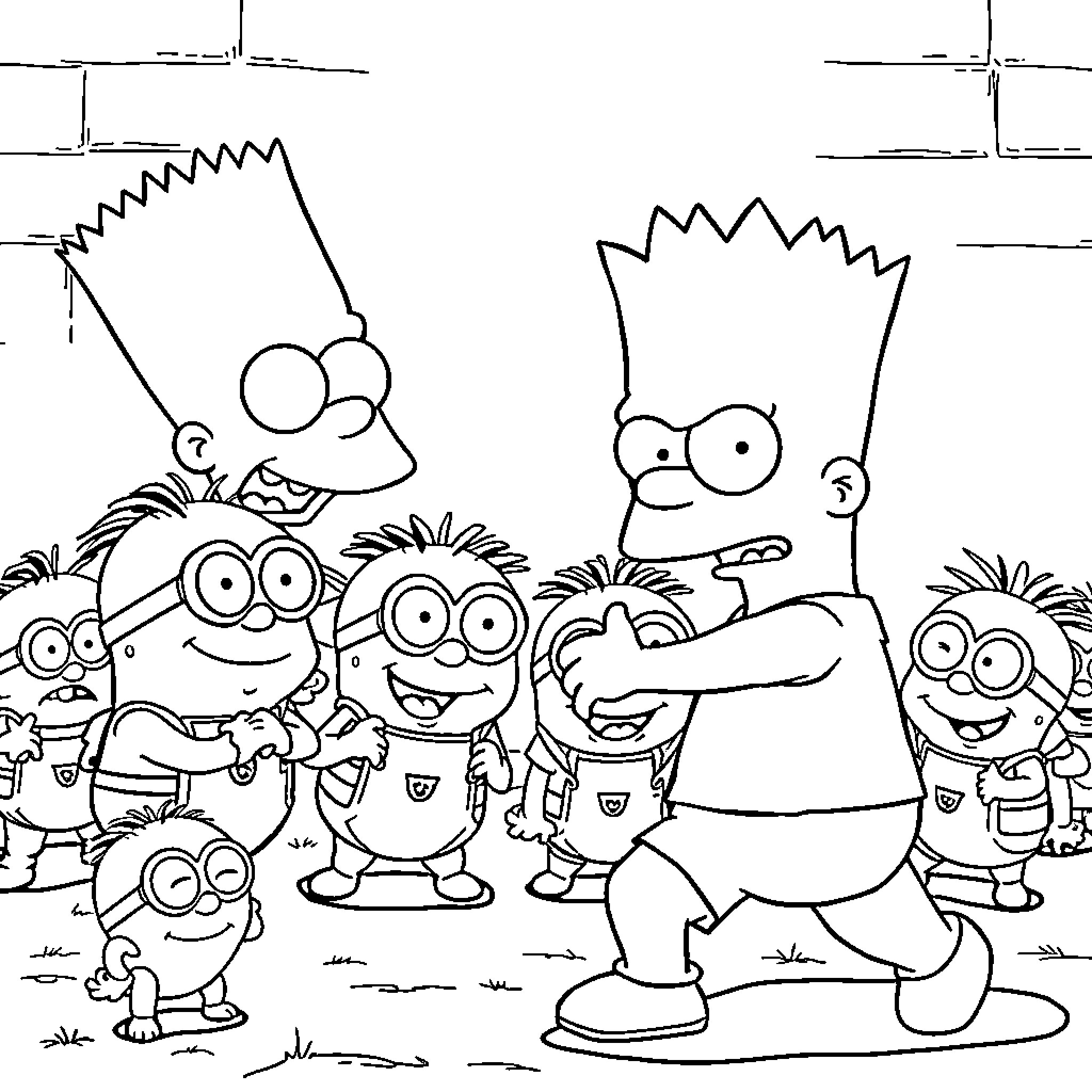 Bart Simpson and friends having a lively adventure Coloring Page (free black-and-white line drawing printable PDF for all, from beginners to advanced learners, including children, teens, adults, and seniors)