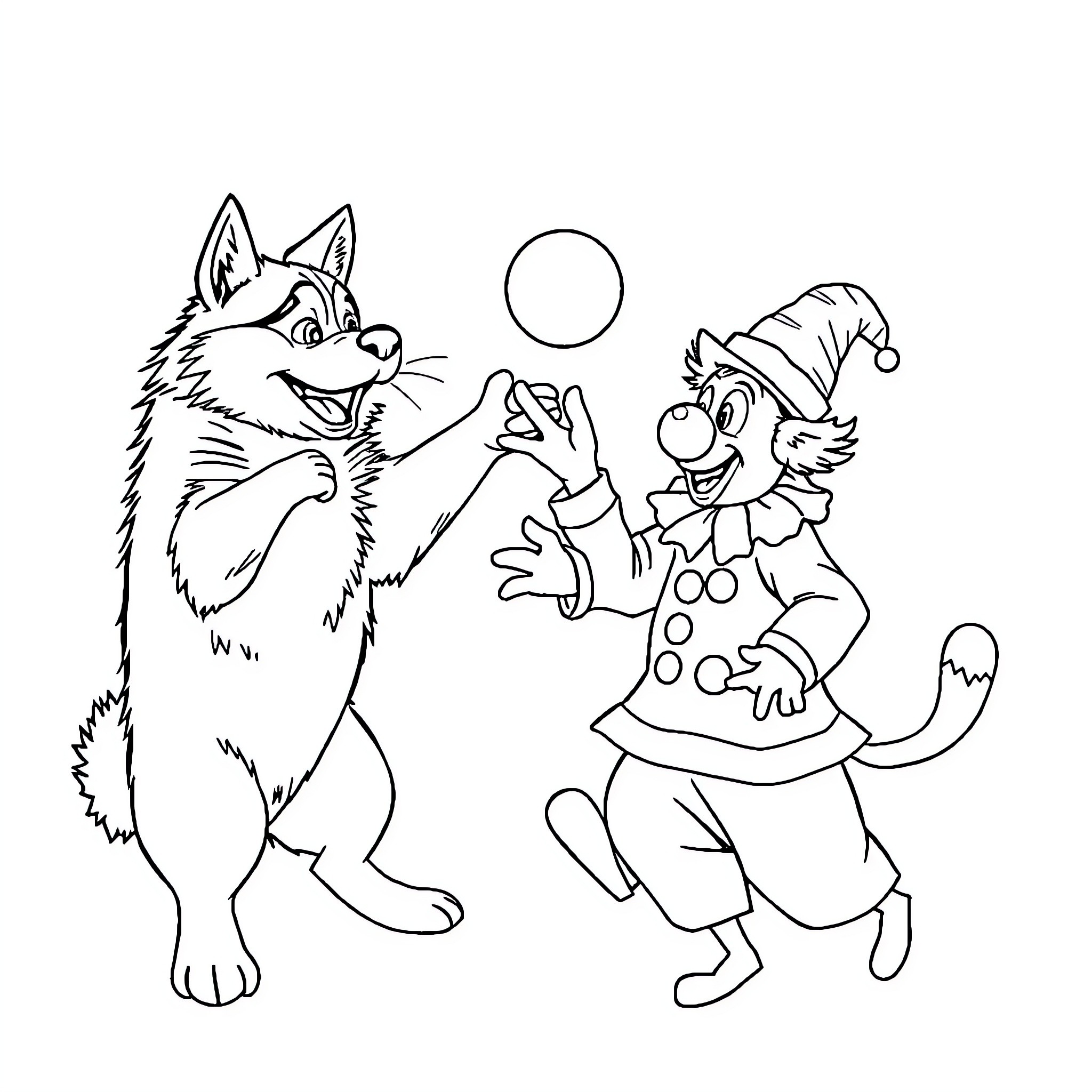 Husky and Jester Playing Together Coloring Page (free black-and-white line drawing printable PDF for all, from beginners to advanced learners, including children, teens, adults, and seniors)