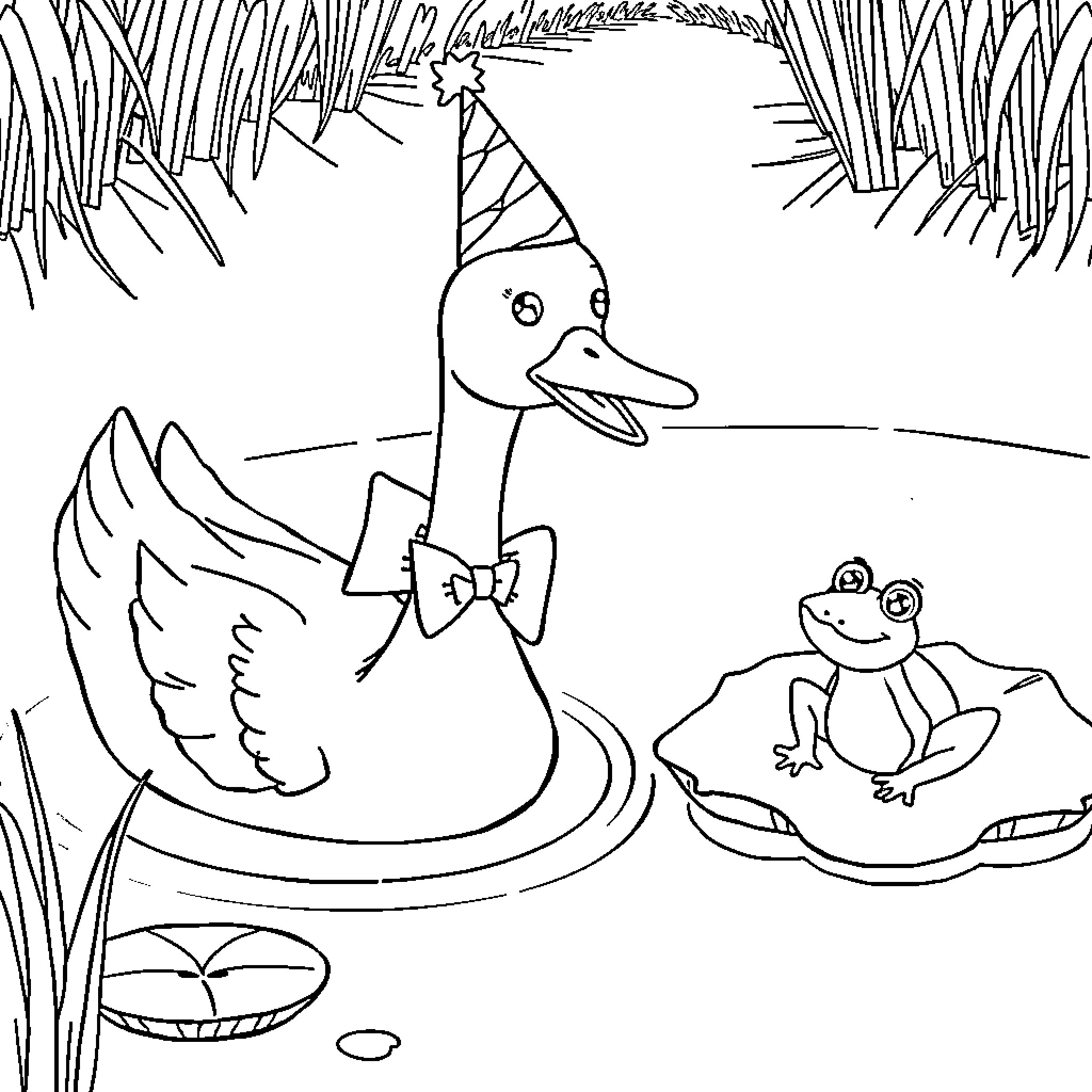 Goose and frog in a whimsical pond scene Coloring Page (free black-and-white line drawing printable PDF for all, from beginners to advanced learners, including children, teens, adults, and seniors)