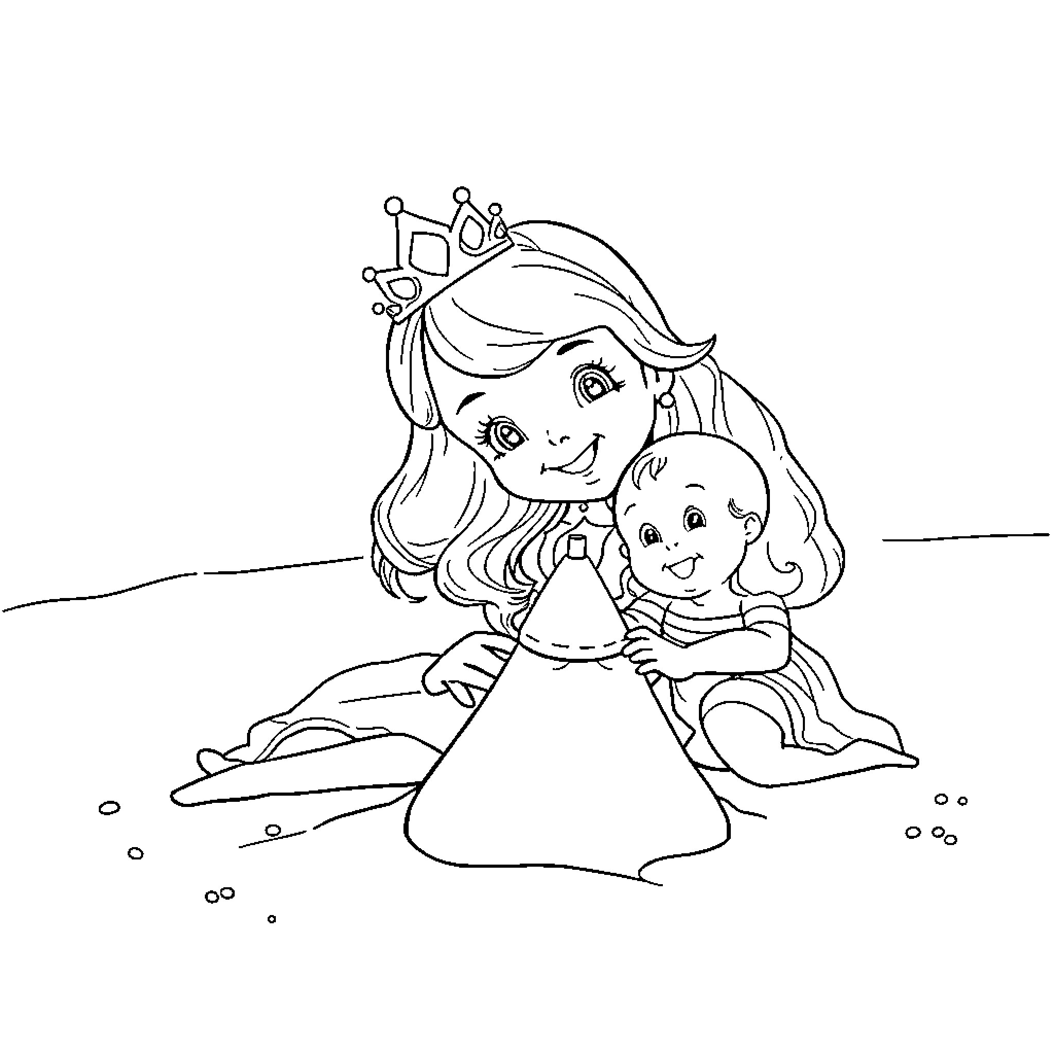 Princess Playfully Embraces Her Companion Coloring Page (free black-and-white line drawing printable PDF for all, from beginners to advanced learners, including children, teens, adults, and seniors)