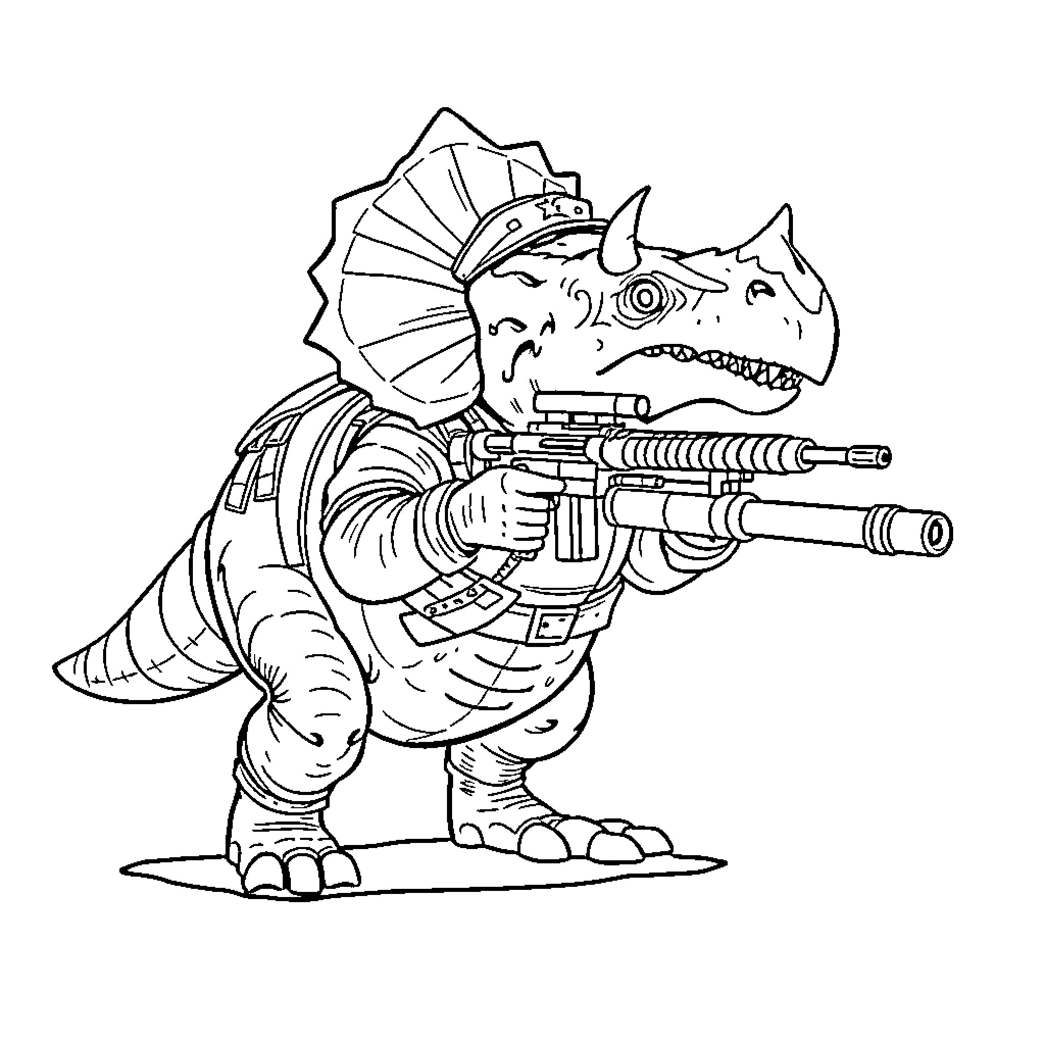 Triceratops soldier in futuristic battle gear Coloring Page (free black-and-white line drawing printable PDF for all, from beginners to advanced learners, including children, teens, adults, and seniors)