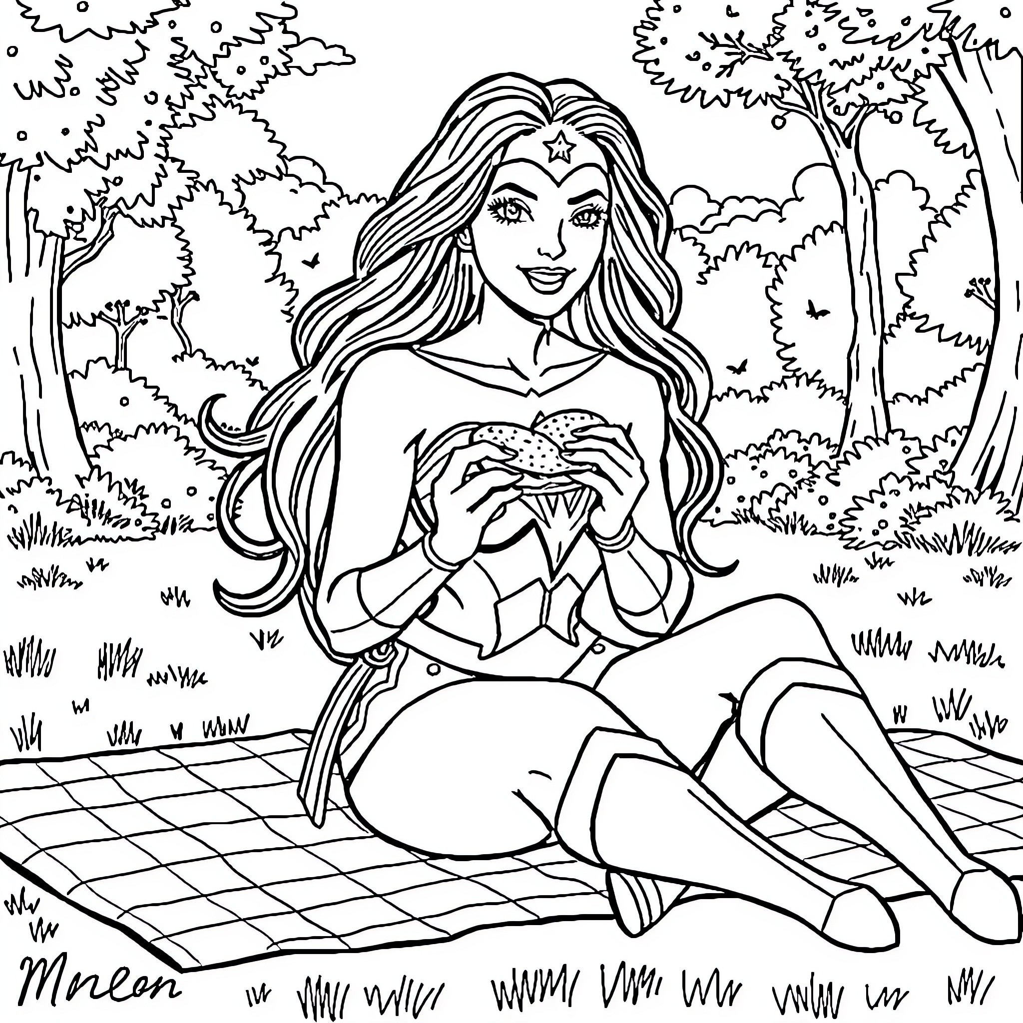 Wonder Woman enjoying a picnic in the park Coloring Page (free black-and-white line drawing printable PDF for all, from beginners to advanced learners, including children, teens, adults, and seniors)