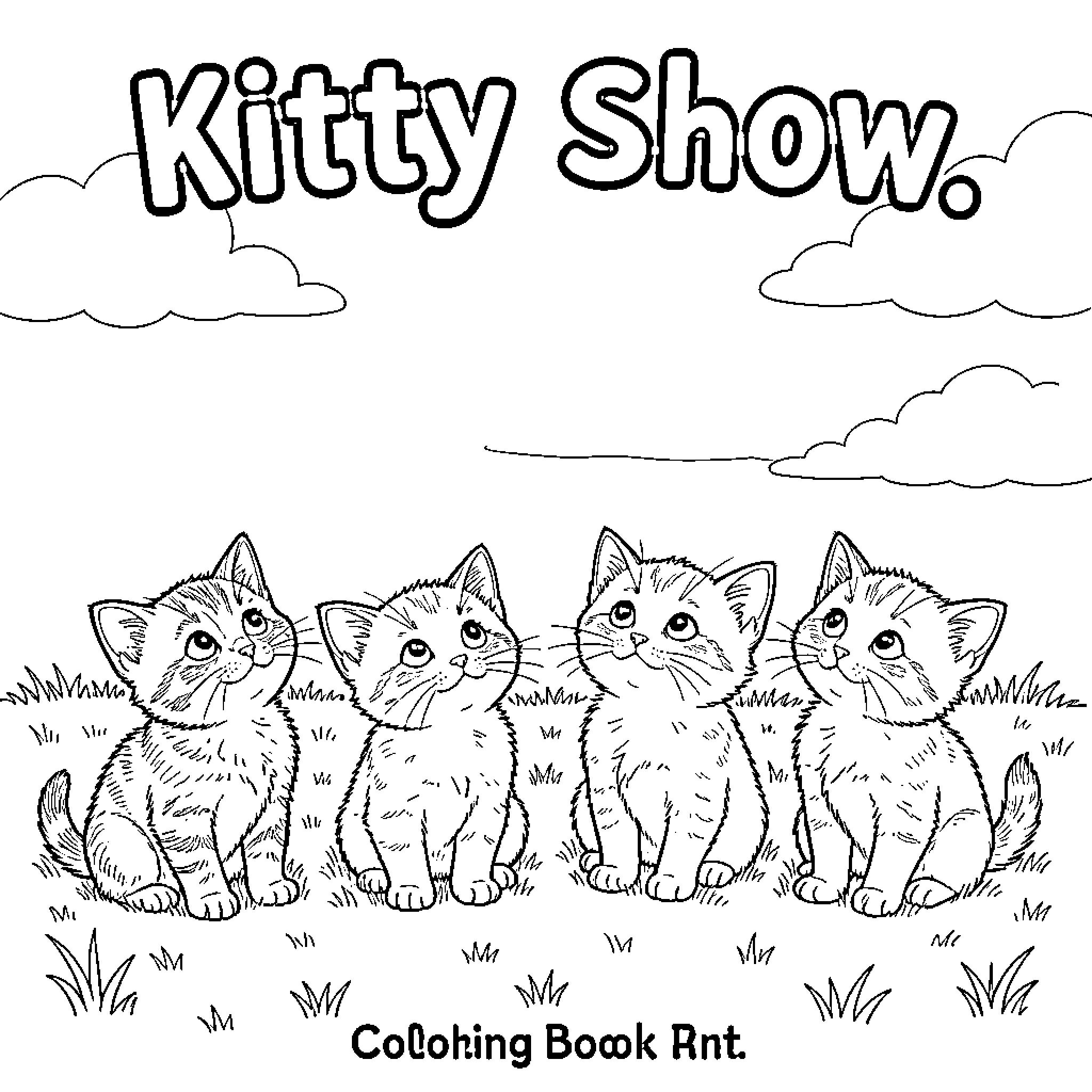 Kitten friends sitting together in a grassy field Coloring Page (free black-and-white line drawing printable PDF for all, from beginners to advanced learners, including children, teens, adults, and seniors)