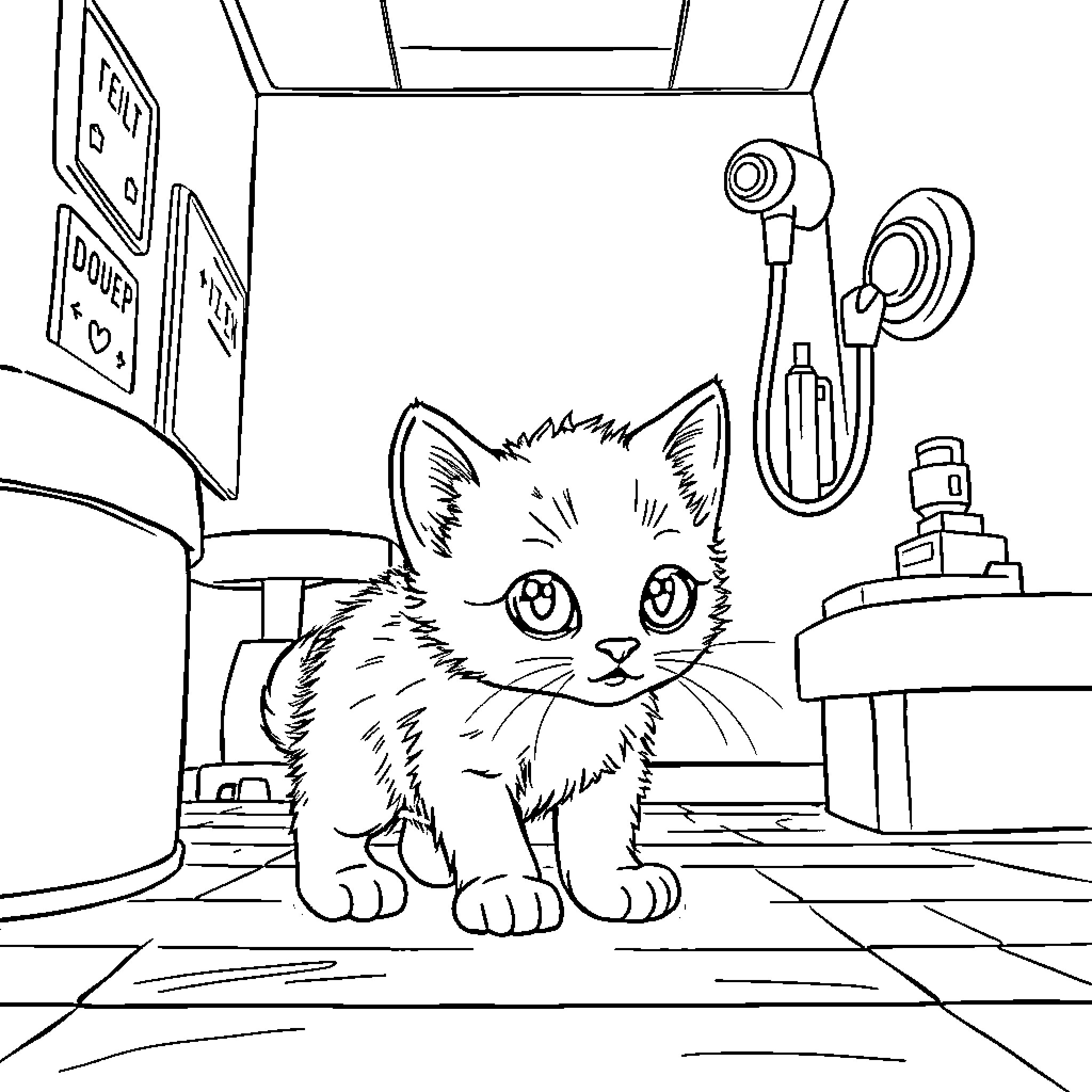 Kitten exploring a cluttered workshop Coloring Page (free black-and-white line drawing printable PDF for all, from beginners to advanced learners, including children, teens, adults, and seniors)