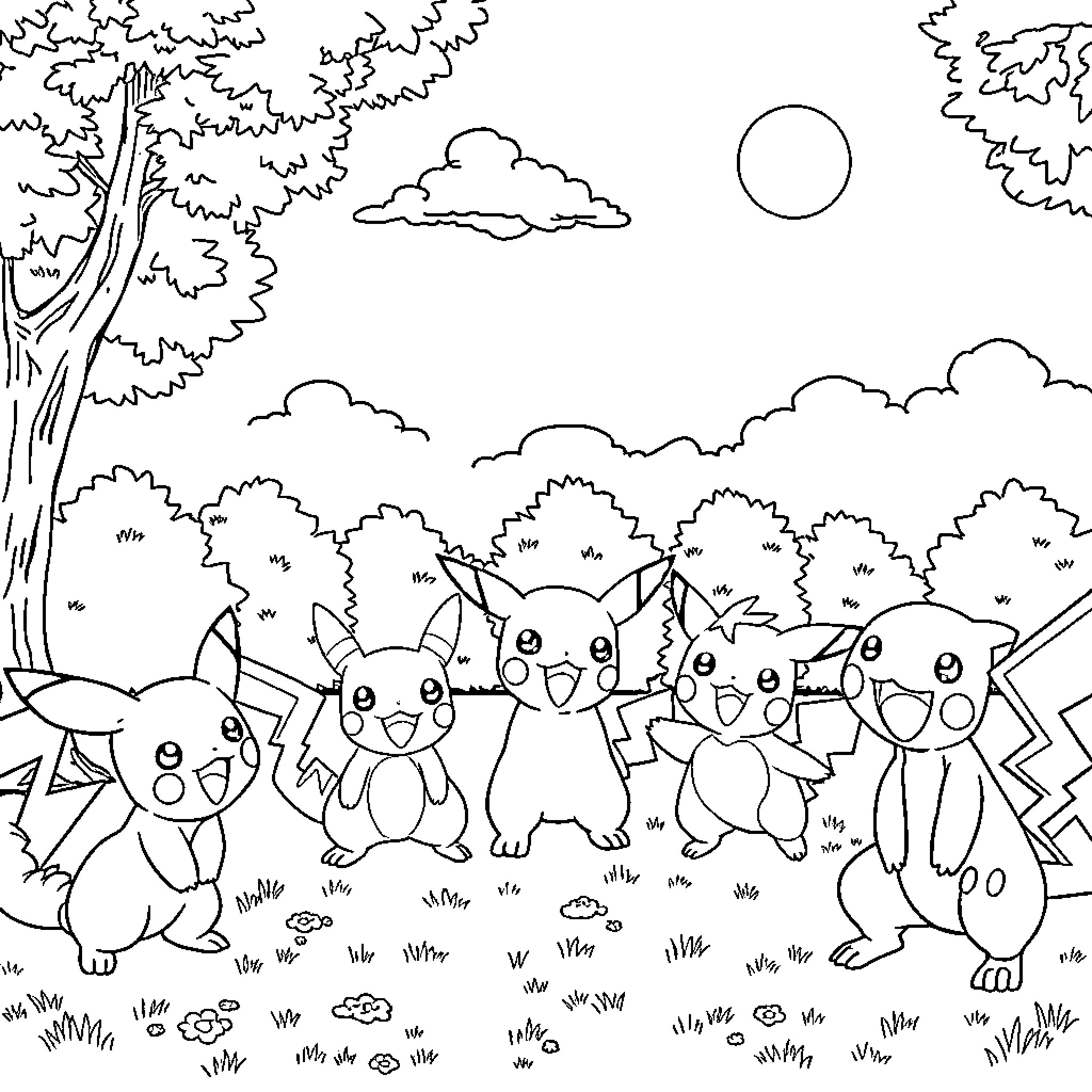 Pokémon characters exploring a nature scene Coloring Page (free black-and-white line drawing printable PDF for all, from beginners to advanced learners, including children, teens, adults, and seniors)