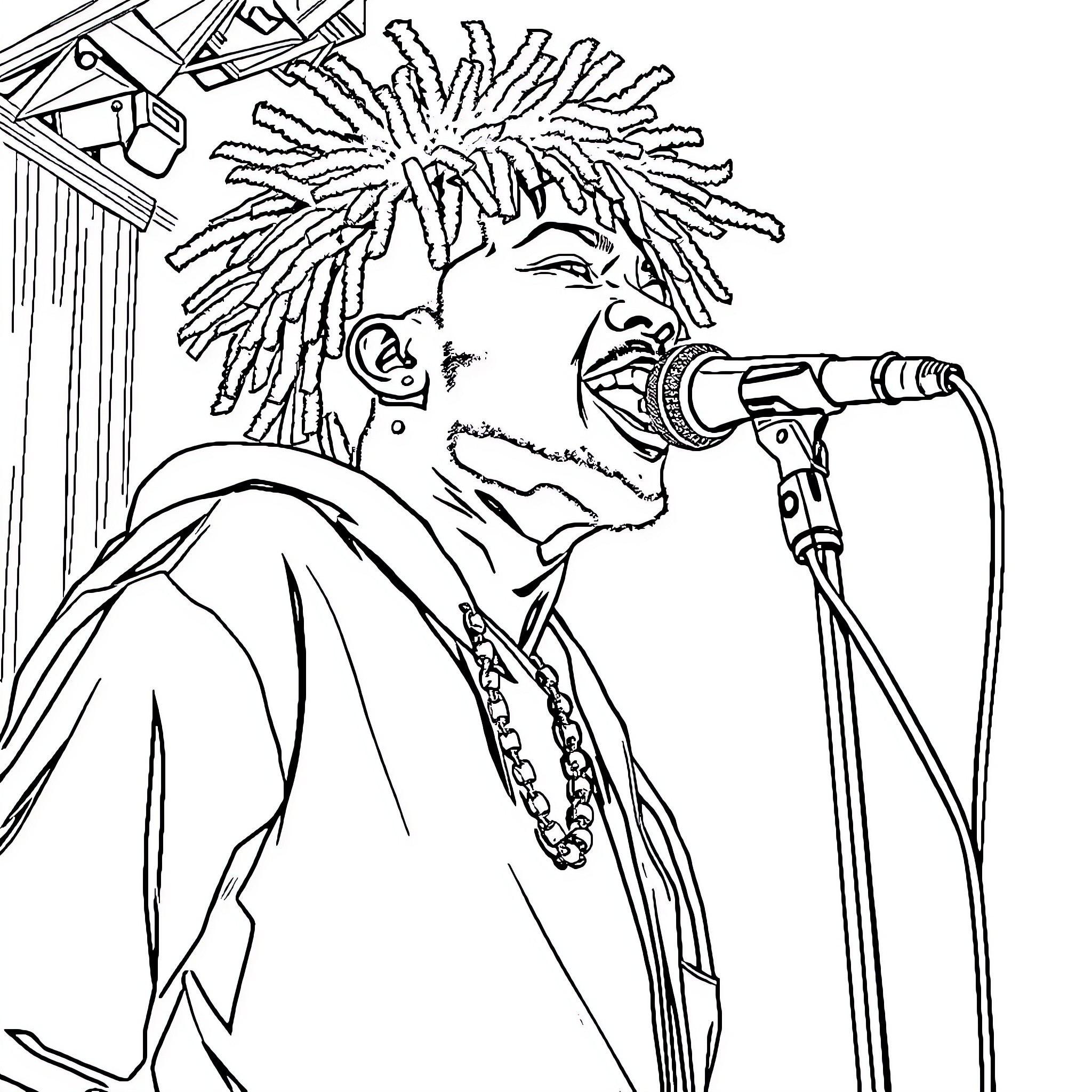 Trippie Redd Performing Energetically on Stage Coloring Page (free black-and-white line drawing printable PDF for all, from beginners to advanced learners, including children, teens, adults, and seniors)
