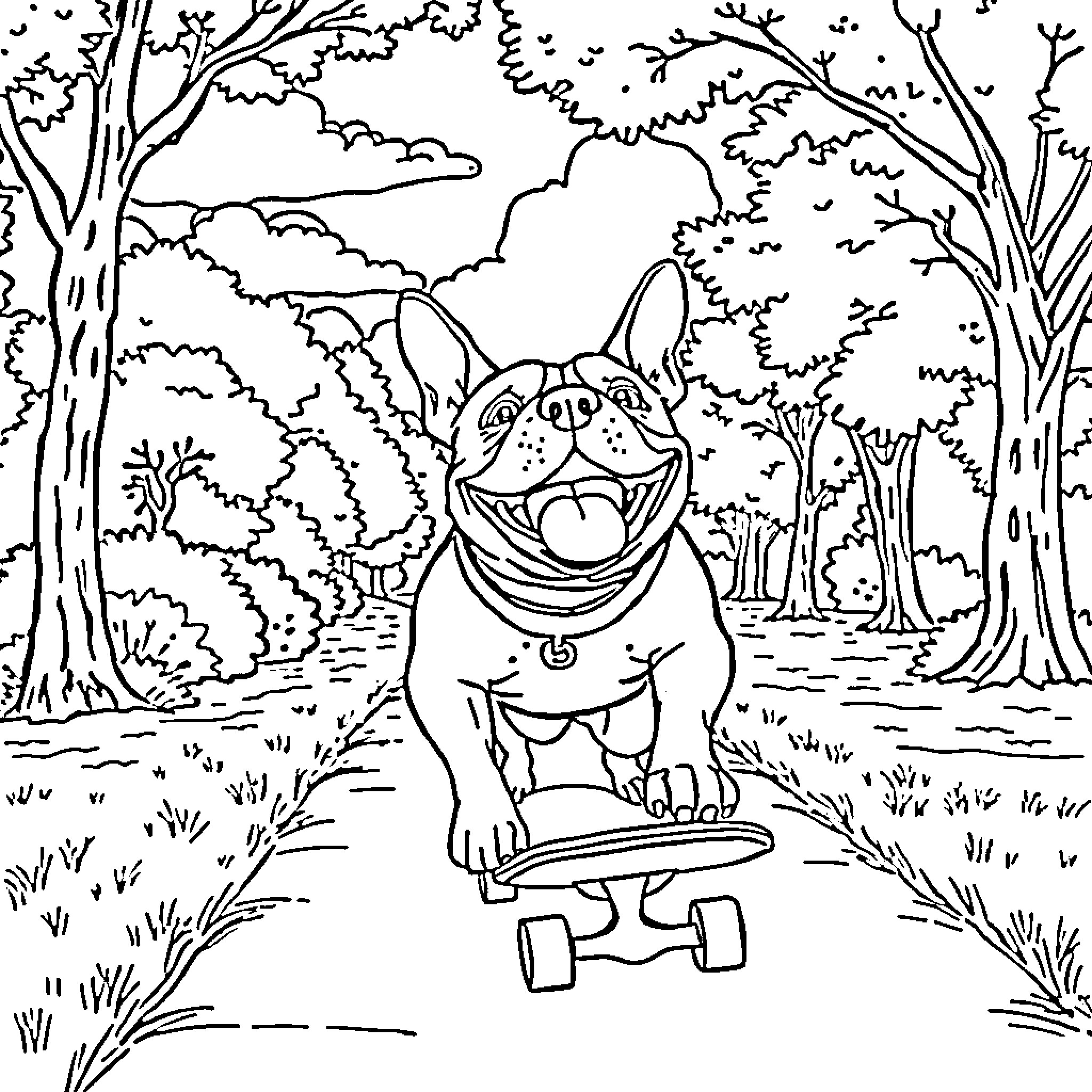 American Bulldog enjoying a skateboard ride in the forest Coloring Page (free black-and-white line drawing printable PDF for all, from beginners to advanced learners, including children, teens, adults, and seniors)