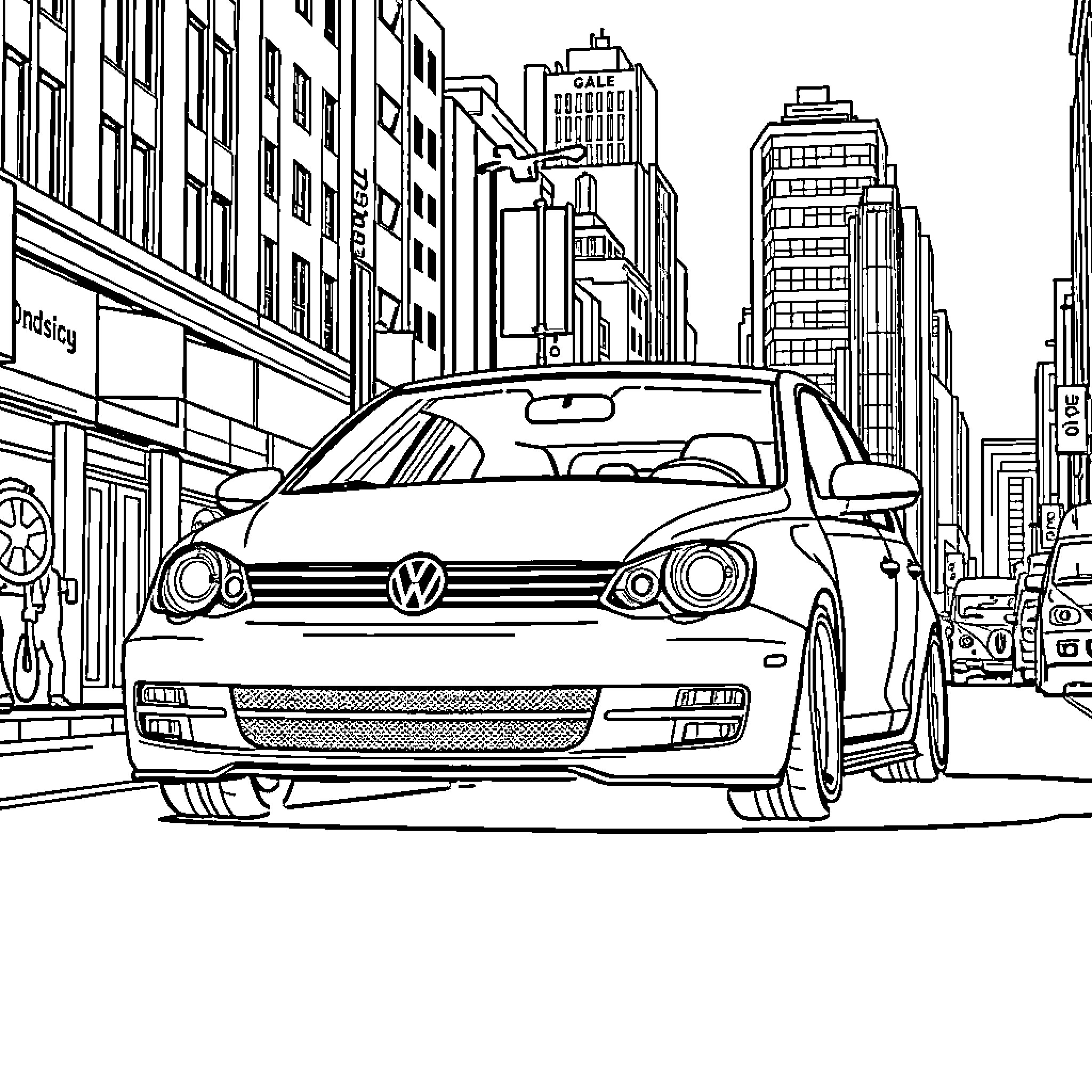 VW Driving Through Busy City Street Coloring Page (free black-and-white line drawing printable PDF for all, from beginners to advanced learners, including children, teens, adults, and seniors)