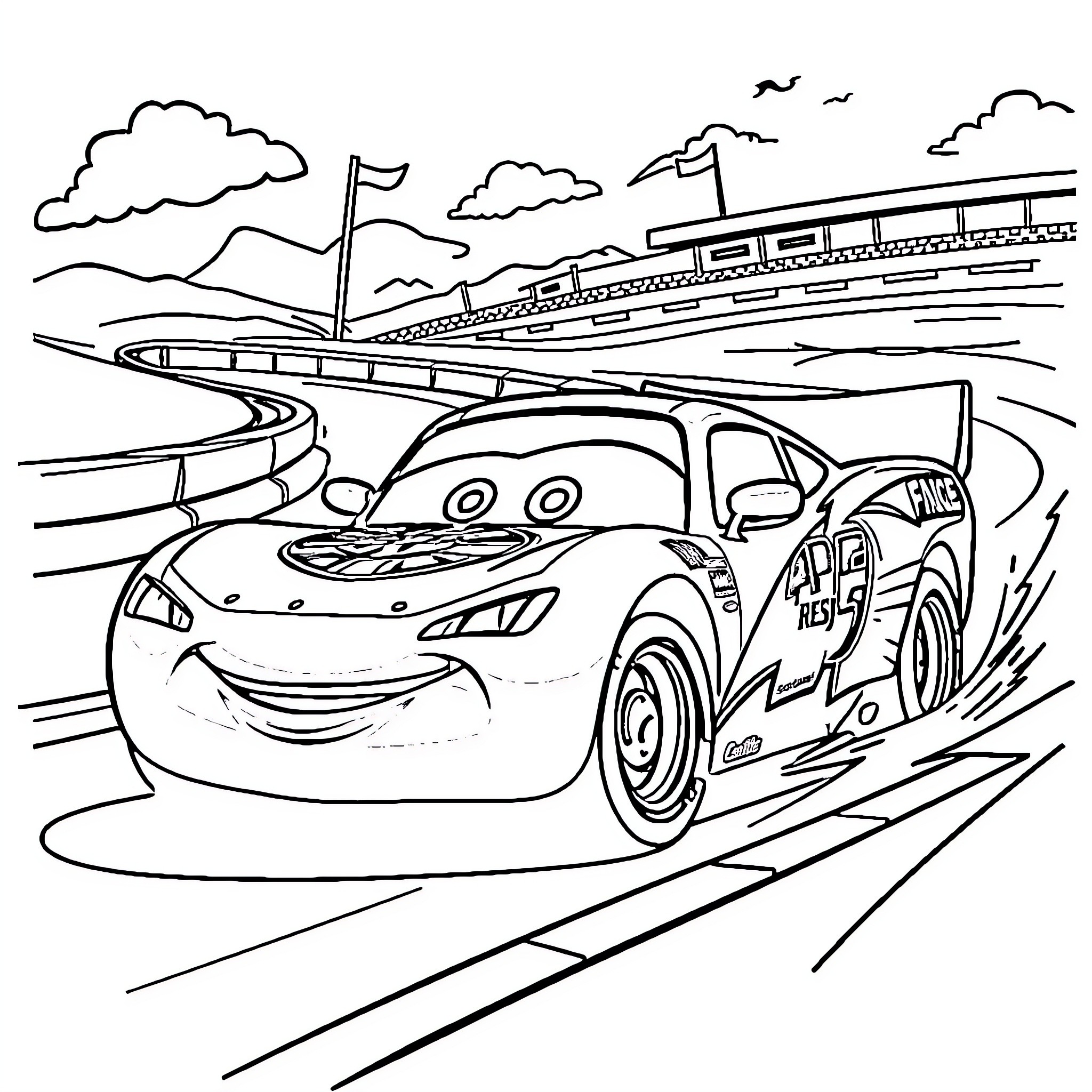 Lightning McQueen racing on a winding track Coloring Page (free black-and-white line drawing printable PDF for all, from beginners to advanced learners, including children, teens, adults, and seniors)