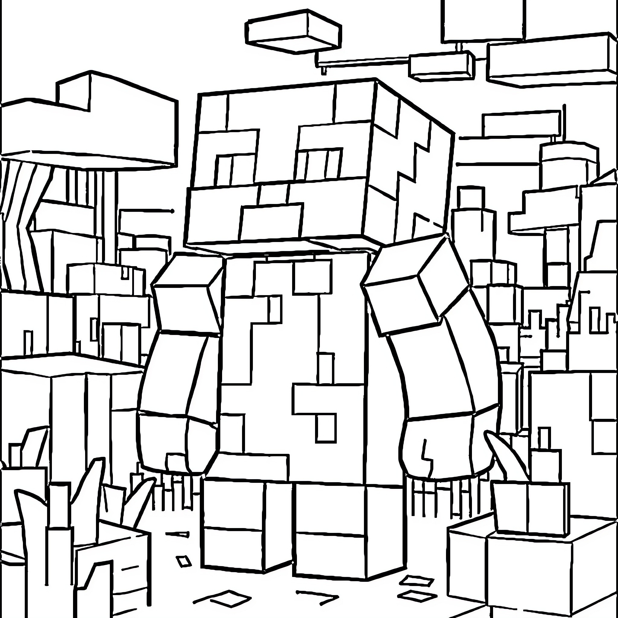 Switch between geometric shapes in cityscape Coloring Page (free black-and-white line drawing printable PDF for all, from beginners to advanced learners, including children, teens, adults, and seniors)