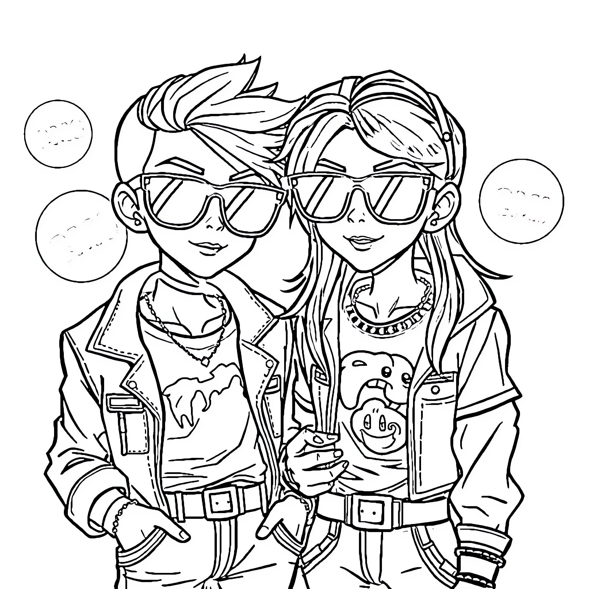 Bluey siblings in casual outfits and accessories Coloring Page (free black-and-white line drawing printable PDF for all, from beginners to advanced learners, including children, teens, adults, and seniors)