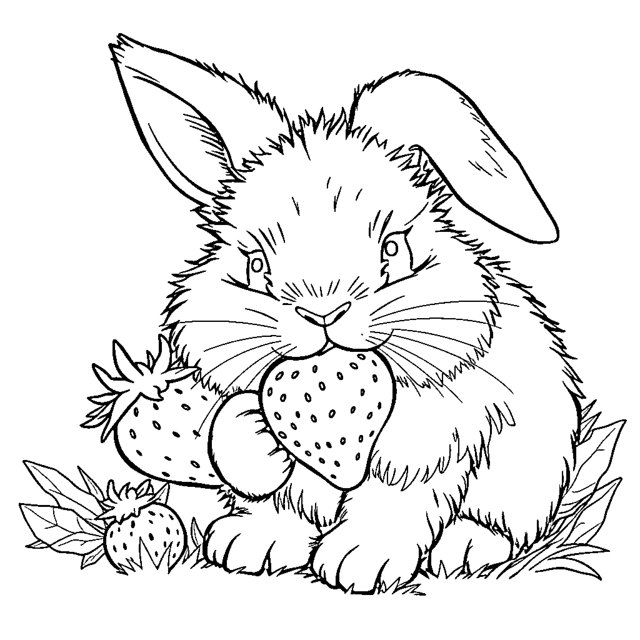 Bunny enjoying delicious strawberries in nature Coloring Page (free black-and-white line drawing printable PDF for all, from beginners to advanced learners, including children, teens, adults, and seniors)