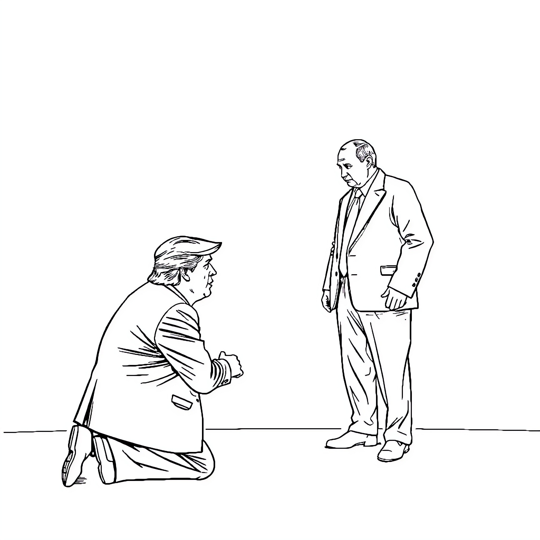 Trump speaking with a man in formal attire Coloring Page (free black-and-white line drawing printable PDF for all, from beginners to advanced learners, including children, teens, adults, and seniors)