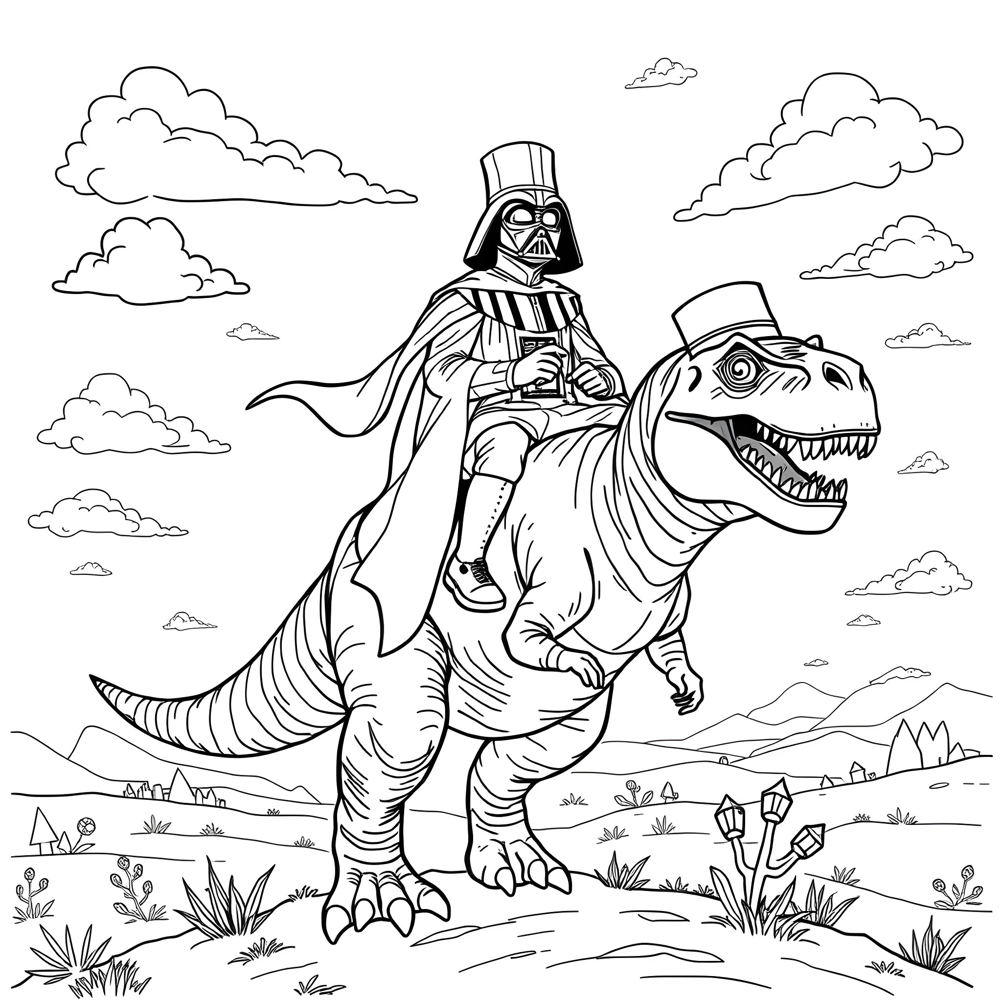 Earth Vader riding a fearsome dinosaur in the wilderness Coloring Page (free black-and-white line drawing printable PDF for all, from beginners to advanced learners, including children, teens, adults, and seniors)