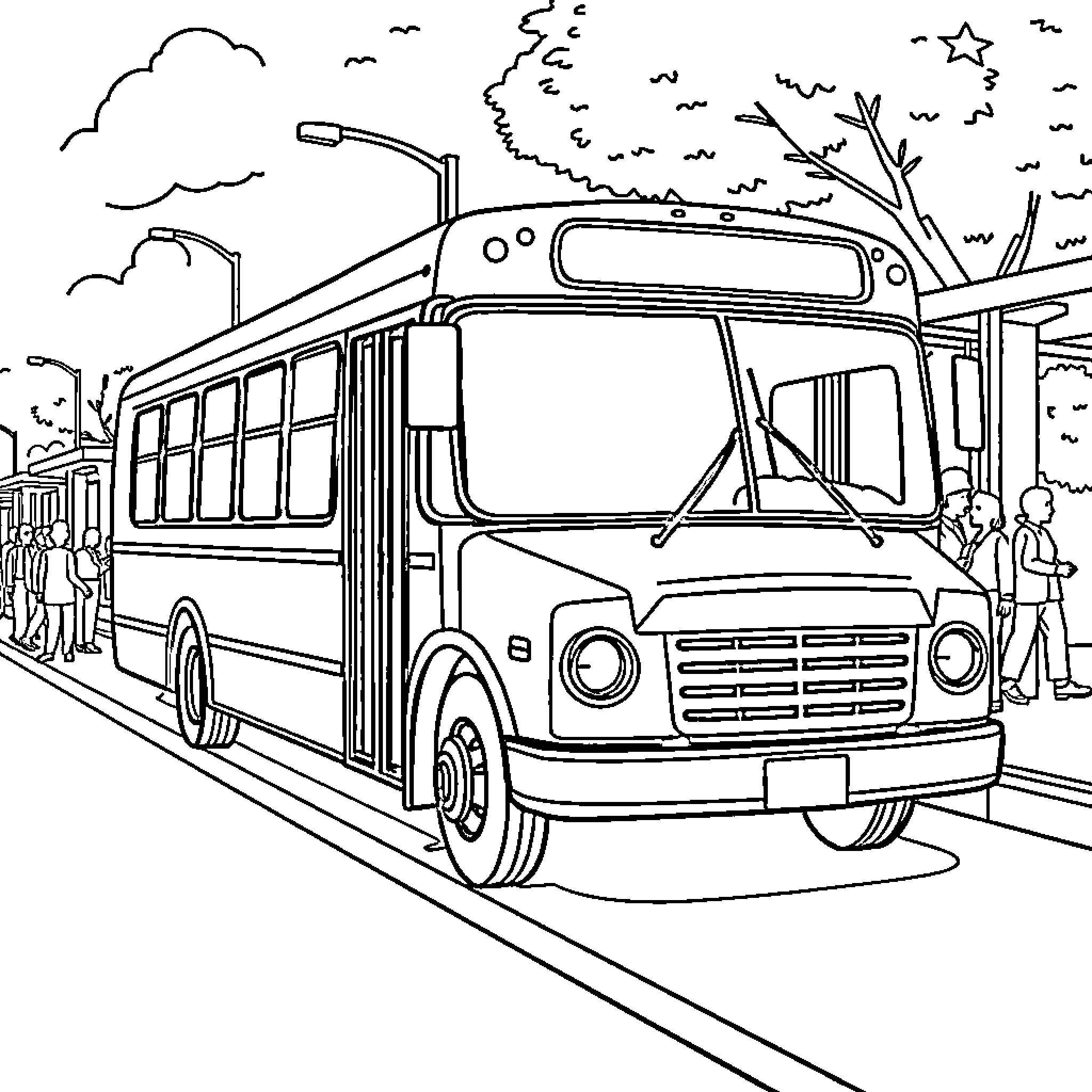 Bus transporting passengers on the street Coloring Page (free black-and-white line drawing printable PDF for all, from beginners to advanced learners, including children, teens, adults, and seniors)