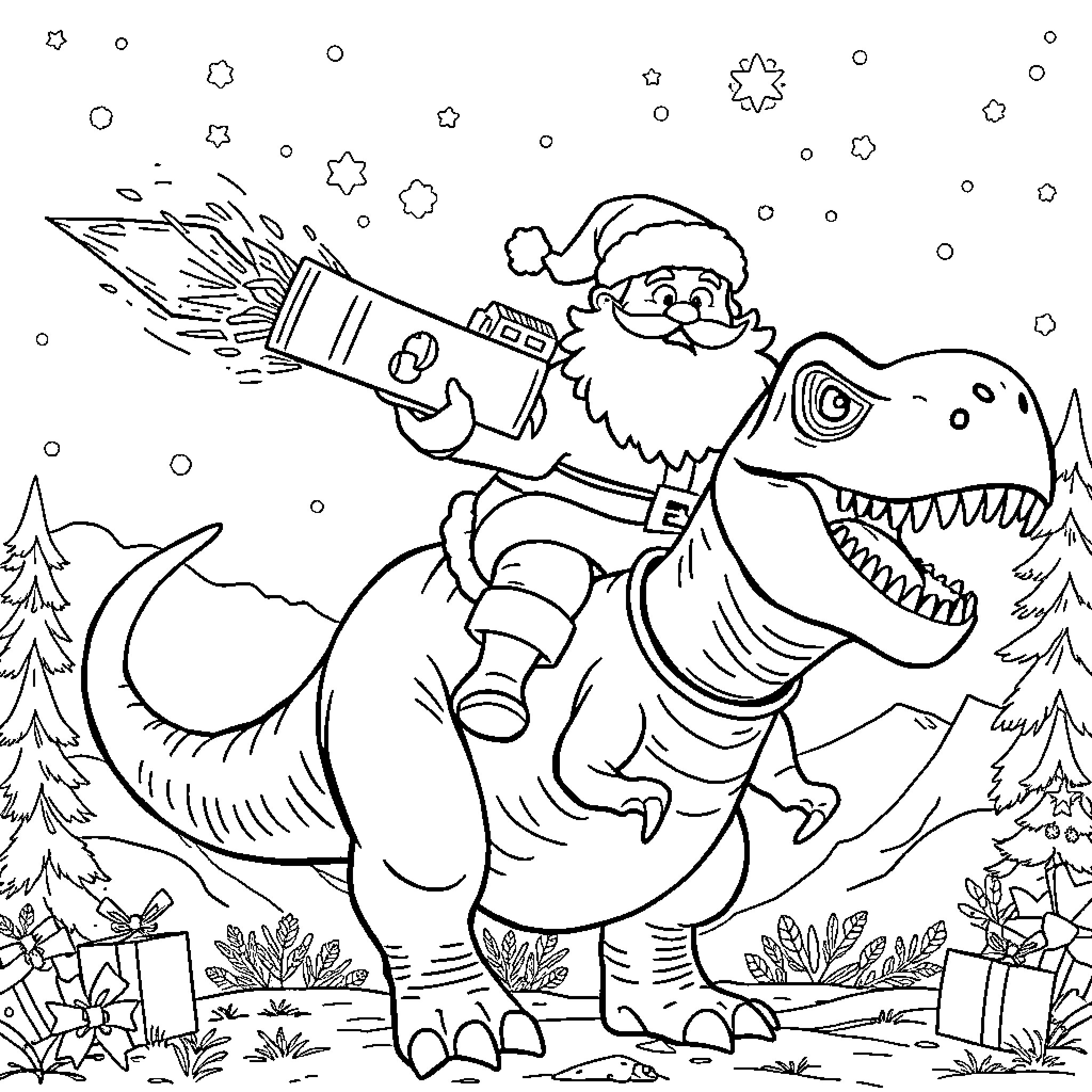 Santa riding a dinosaur in the snowy forest Coloring Page (free black-and-white line drawing printable PDF for all, from beginners to advanced learners, including children, teens, adults, and seniors)