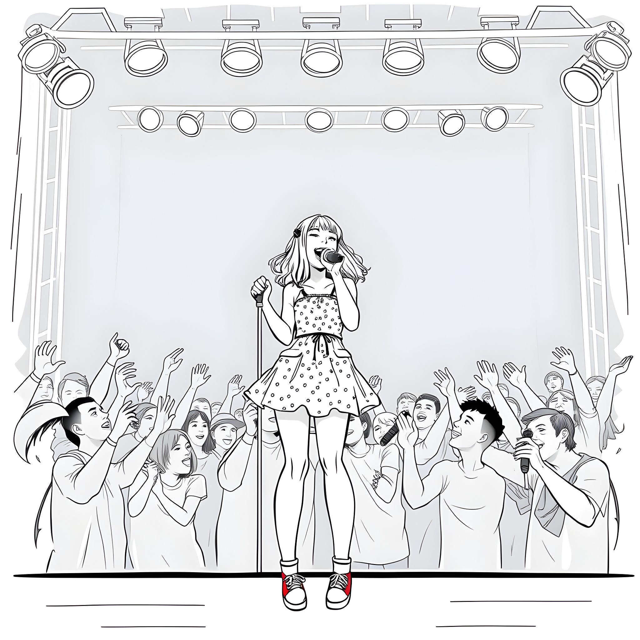 Teen Girl Performing on Stage with Enthusiastic Audience Coloring Page (free black-and-white line drawing printable PDF for all, from beginners to advanced learners, including children, teens, adults, and seniors)