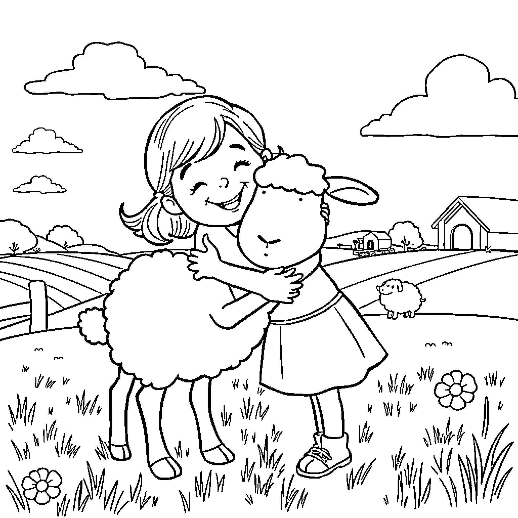 Girl hugging a cute lamb in a pastoral landscape Coloring Page (free black-and-white line drawing printable PDF for all, from beginners to advanced learners, including children, teens, adults, and seniors)