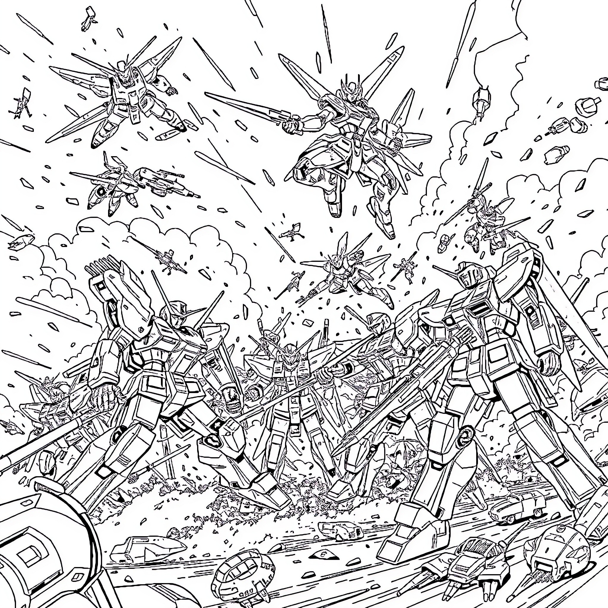 Mobile Suit Mecha Battle Carnage Coloring Page (free black-and-white line drawing printable PDF for all, from beginners to advanced learners, including children, teens, adults, and seniors)