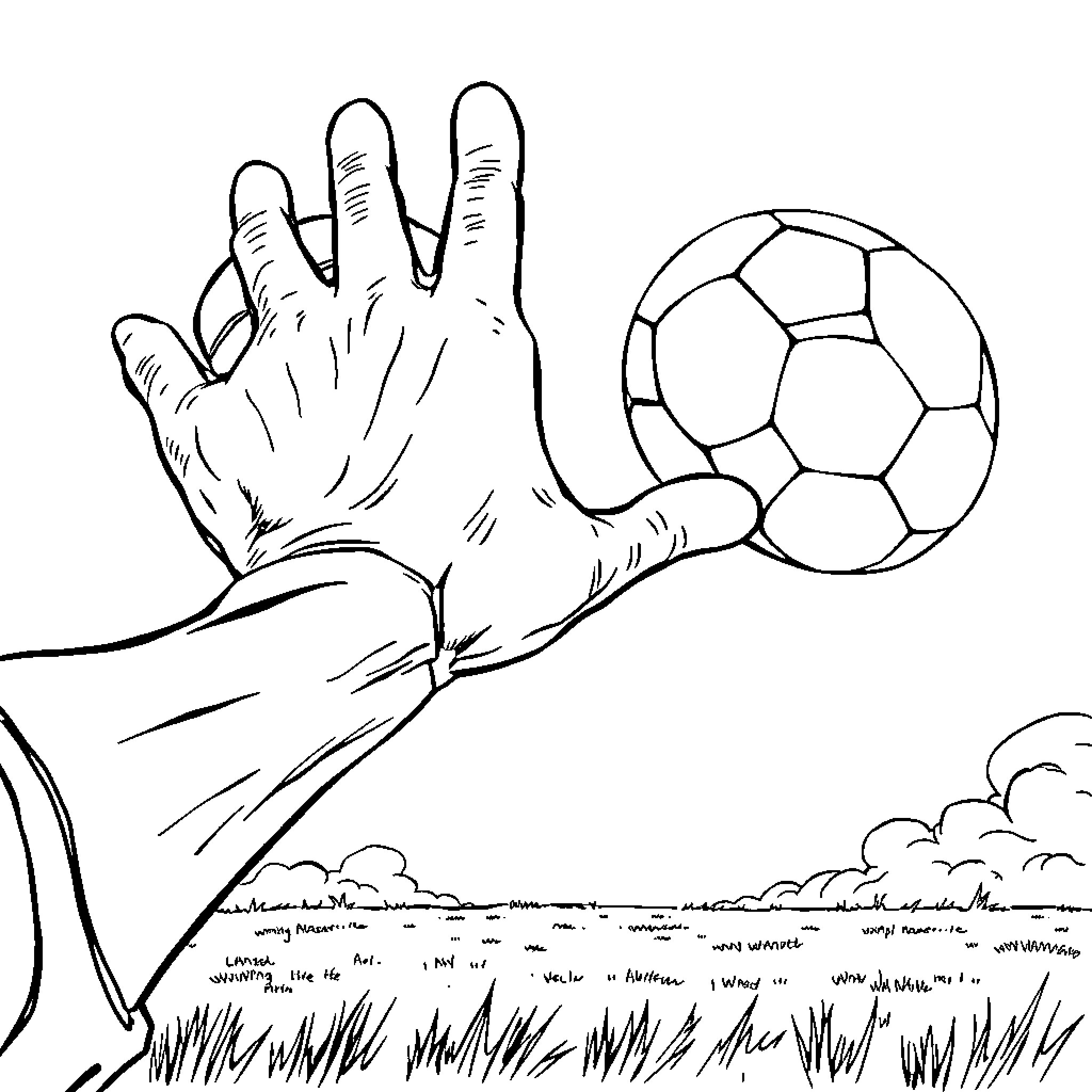Grabber Hand Reaching for Soccer Ball on Grassy Field Coloring Page (free black-and-white line drawing printable PDF for all, from beginners to advanced learners, including children, teens, adults, and seniors)