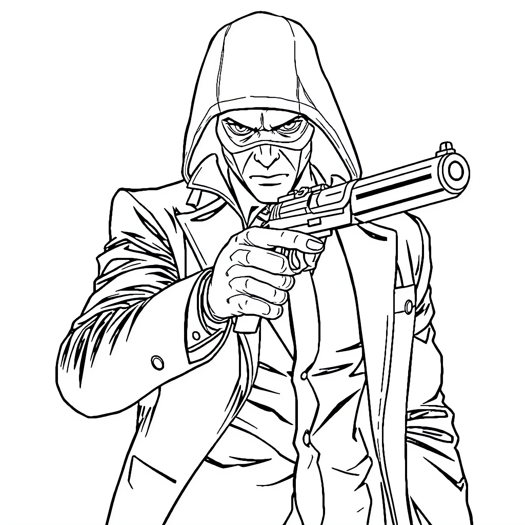 Agent 47 - Mysterious Assassin in Tactical Gear Coloring Page (free black-and-white line drawing printable PDF for all, from beginners to advanced learners, including children, teens, adults, and seniors)