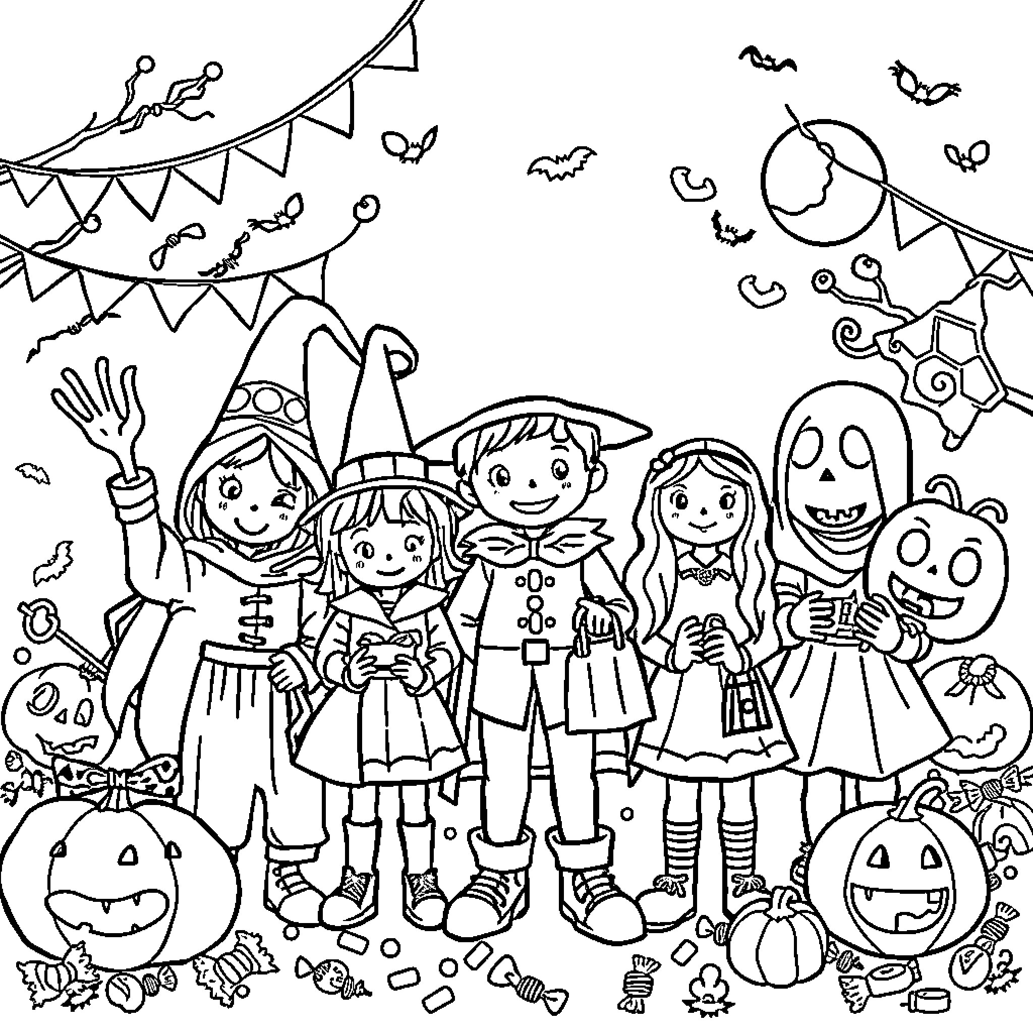 Halloween costumes and celebration with kids Coloring Page (free black-and-white line drawing printable PDF for all, from beginners to advanced learners, including children, teens, adults, and seniors)