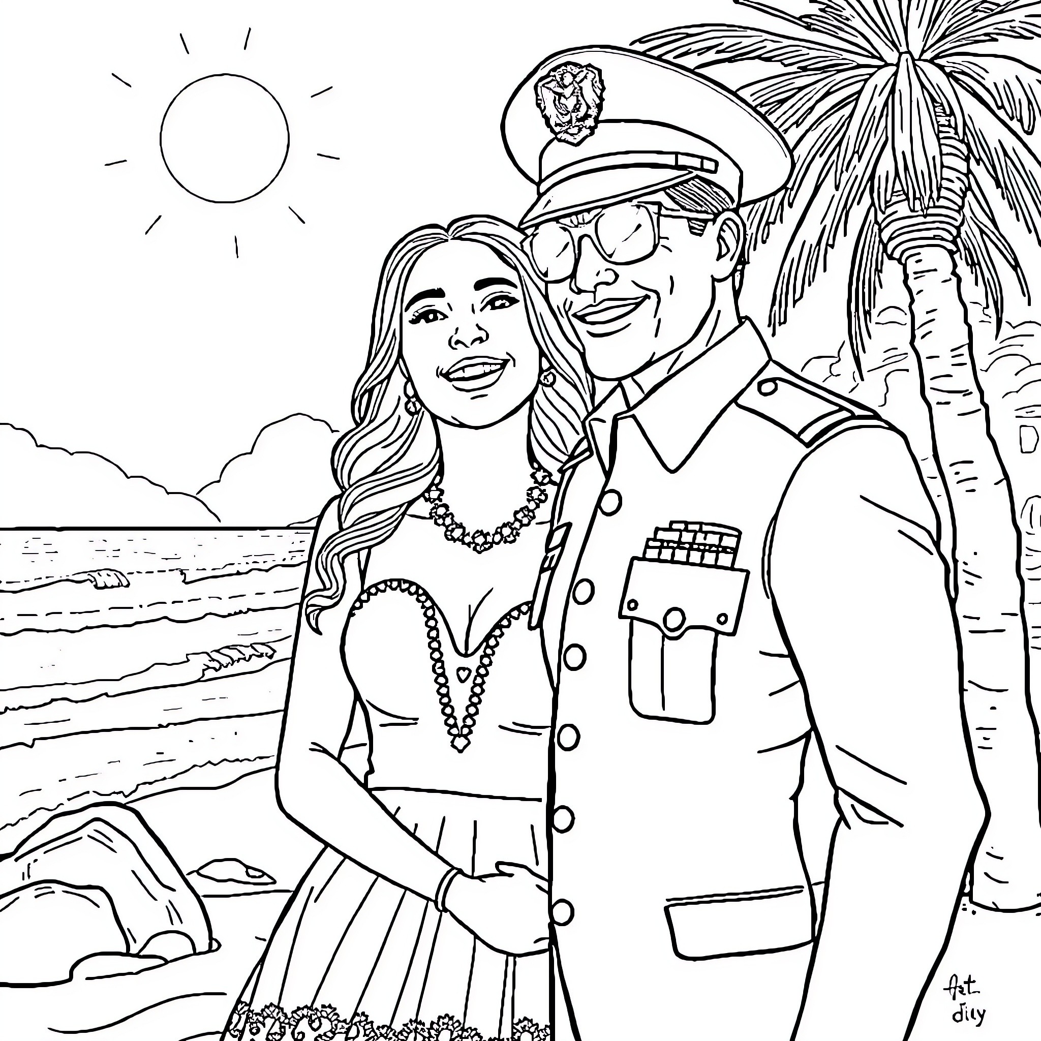 Police Officer and Companion Enjoy Beachside Scenery Coloring Page (free black-and-white line drawing printable PDF for all, from beginners to advanced learners, including children, teens, adults, and seniors)
