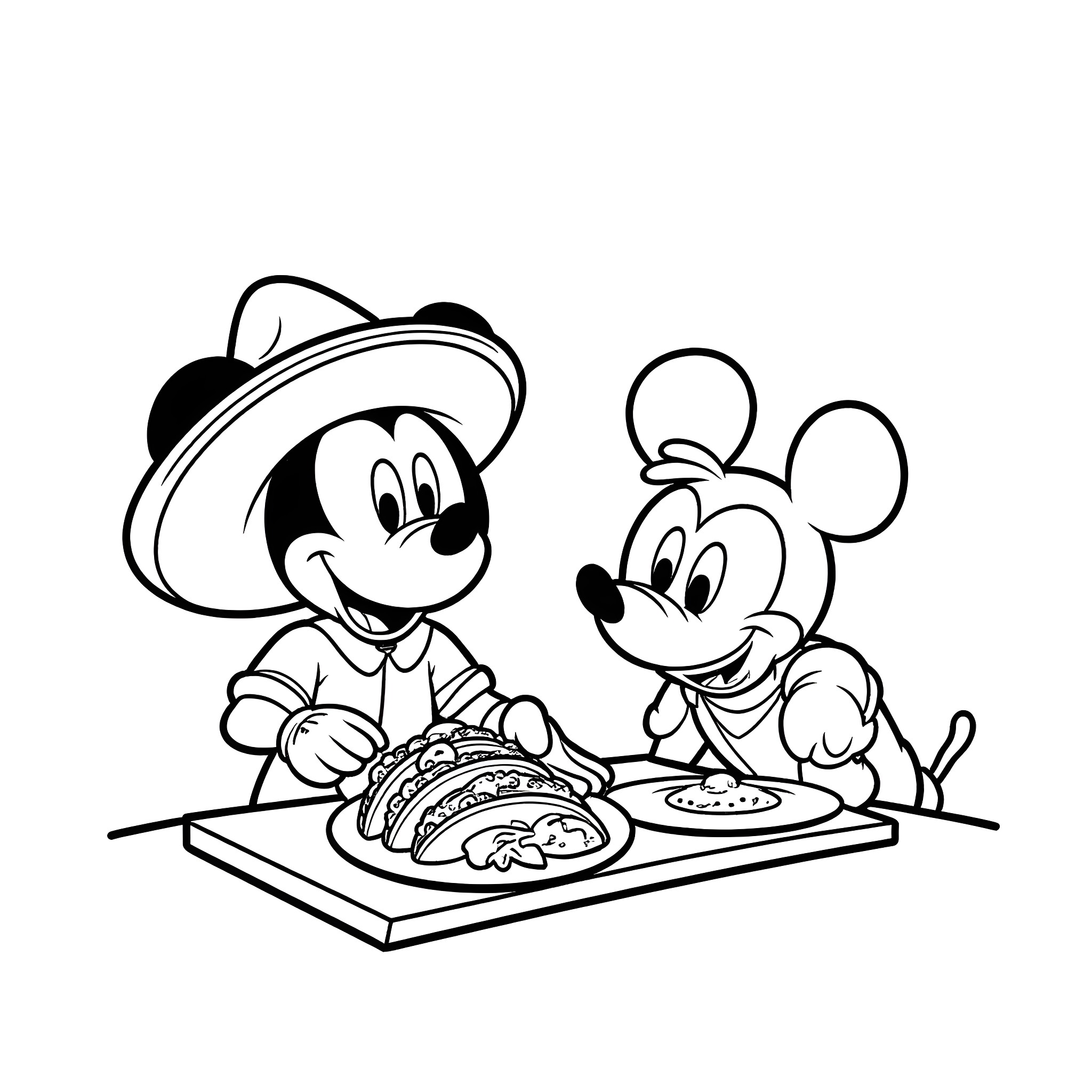 Mickey Mouse and Friends Enjoying a Meal Together Coloring Page (free black-and-white line drawing printable PDF for all, from beginners to advanced learners, including children, teens, adults, and seniors)