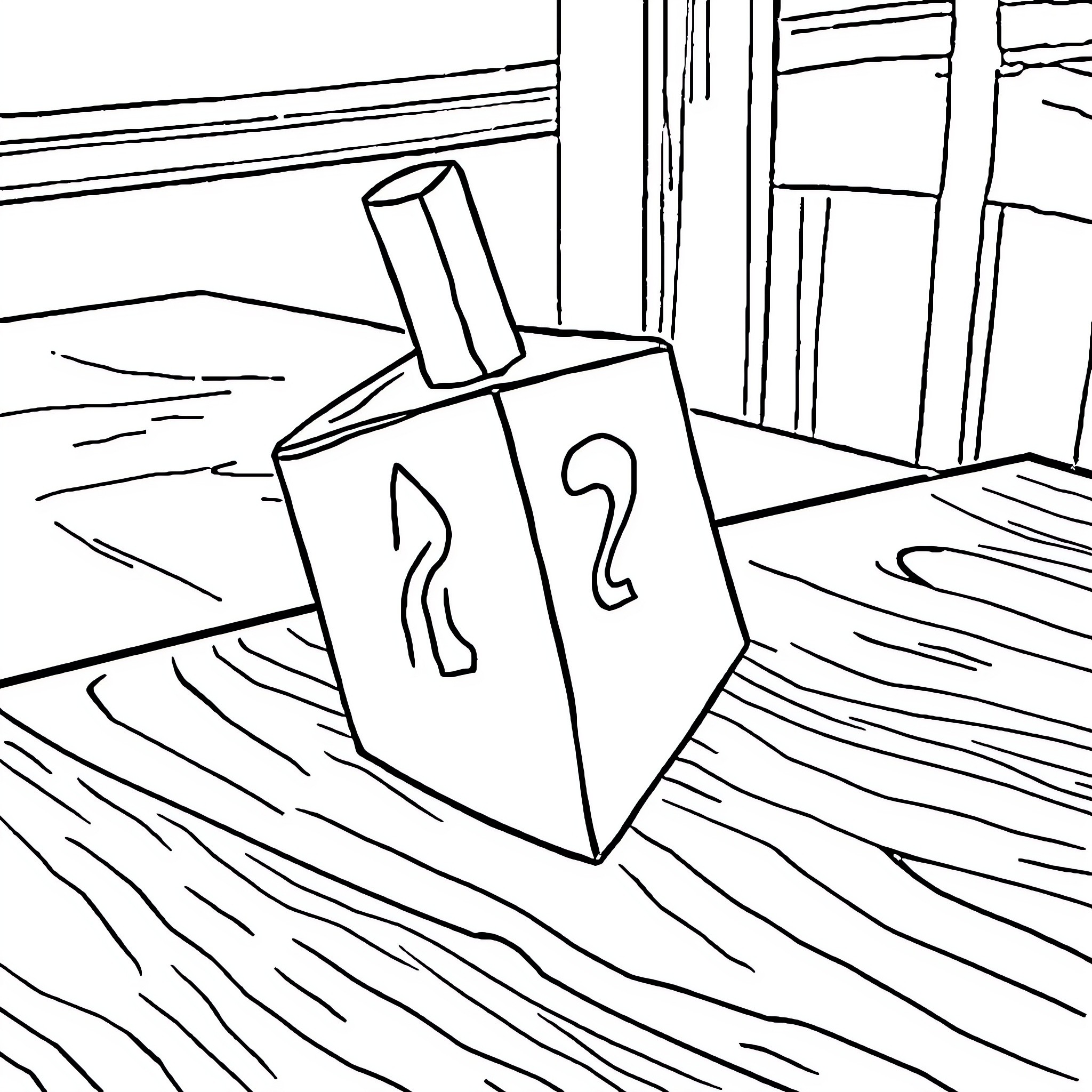 Dreidel on the Wooden Floor Coloring Page (free black-and-white line drawing printable PDF for all, from beginners to advanced learners, including children, teens, adults, and seniors)