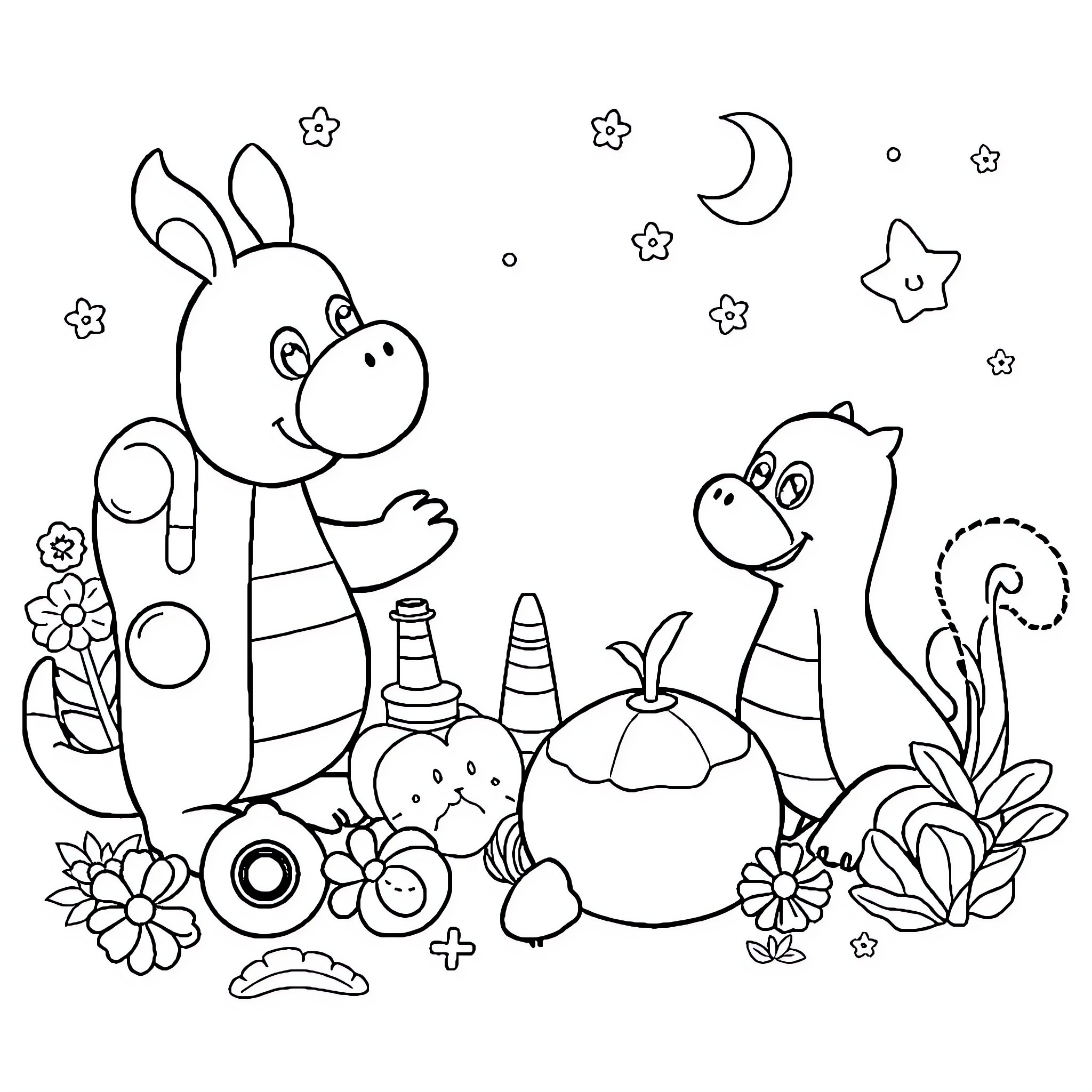Children's Nighttime Playtime with Animals Coloring Page (free black-and-white line drawing printable PDF for all, from beginners to advanced learners, including children, teens, adults, and seniors)