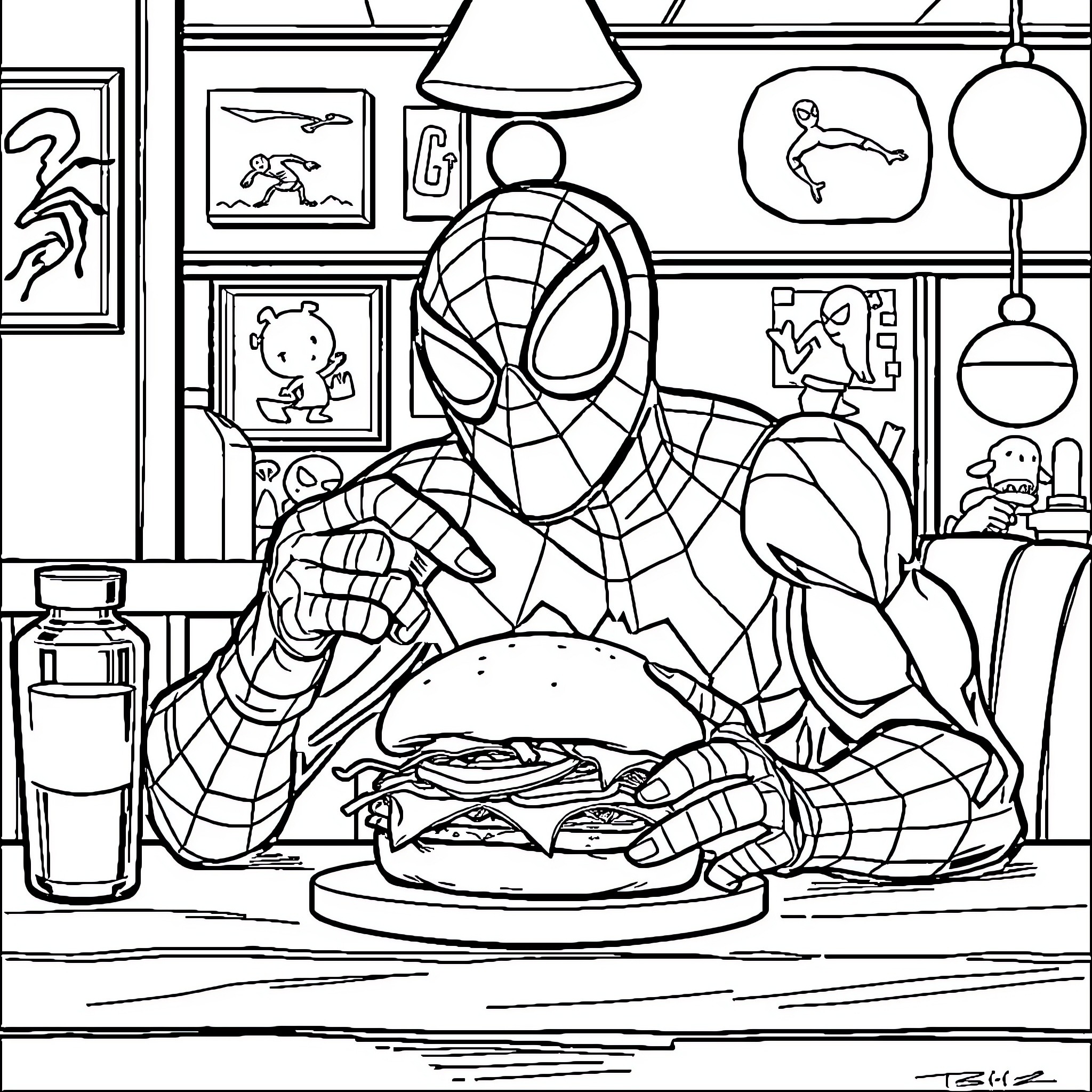 Spiderman enjoying a delicious meal in his cozy home Coloring Page (free black-and-white line drawing printable PDF for all, from beginners to advanced learners, including children, teens, adults, and seniors)