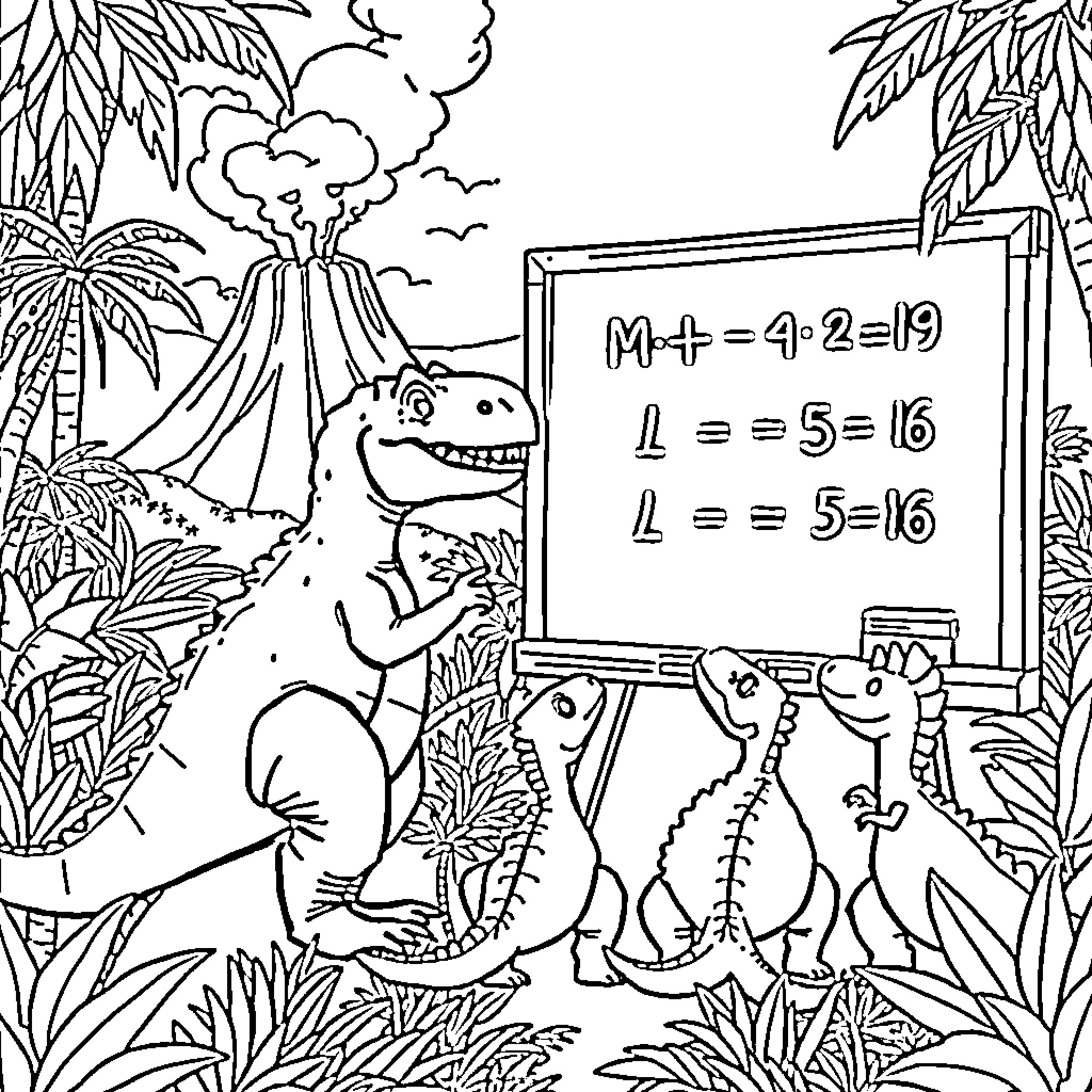 Dinosaur math class in the prehistoric jungle Coloring Page (free black-and-white line drawing printable PDF for all, from beginners to advanced learners, including children, teens, adults, and seniors)