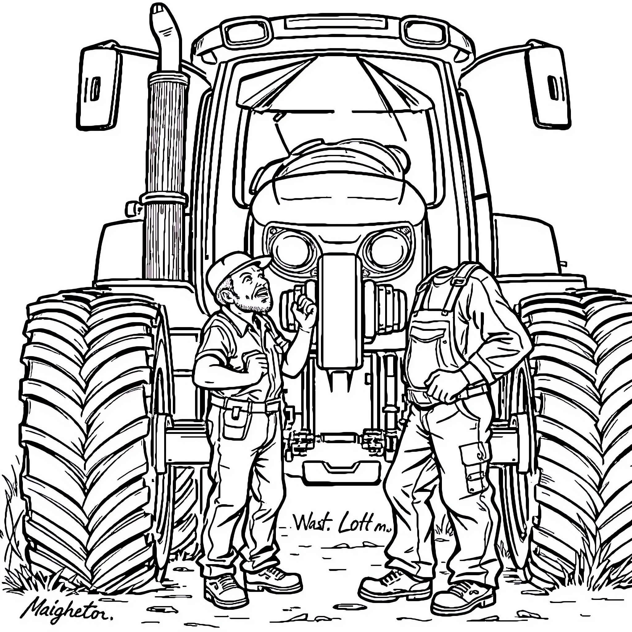 Tractor mechanics discussing repairs Coloring Page (free black-and-white line drawing printable PDF for all, from beginners to advanced learners, including children, teens, adults, and seniors)