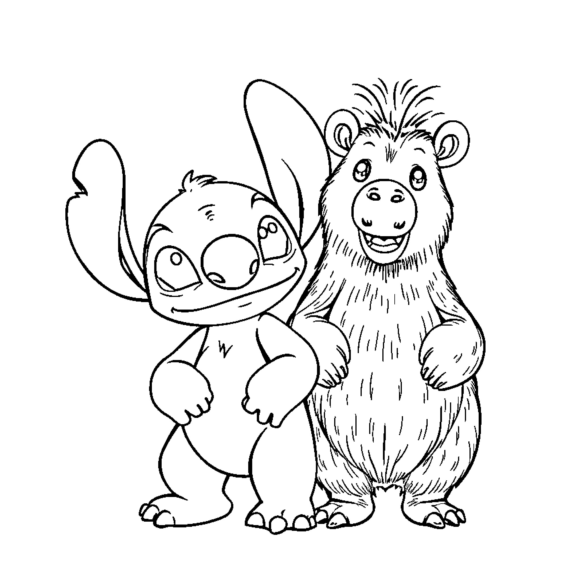 Stitch and Cousin Enjoying Playtime Coloring Page (free black-and-white line drawing printable PDF for all, from beginners to advanced learners, including children, teens, adults, and seniors)