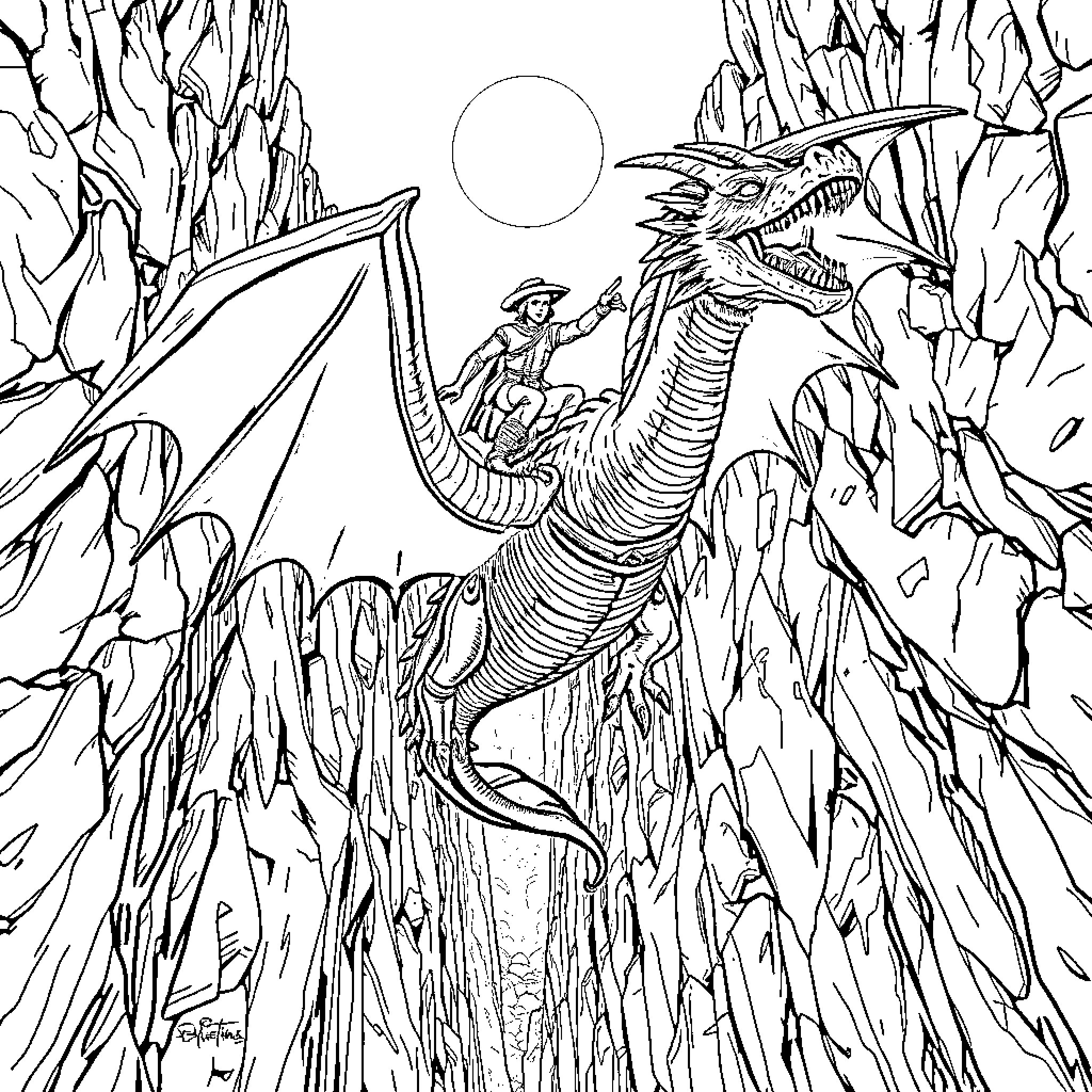 Dragon warrior confronting the mighty dragon in the rocky mountains Coloring Page (free black-and-white line drawing printable PDF for all, from beginners to advanced learners, including children, teens, adults, and seniors)