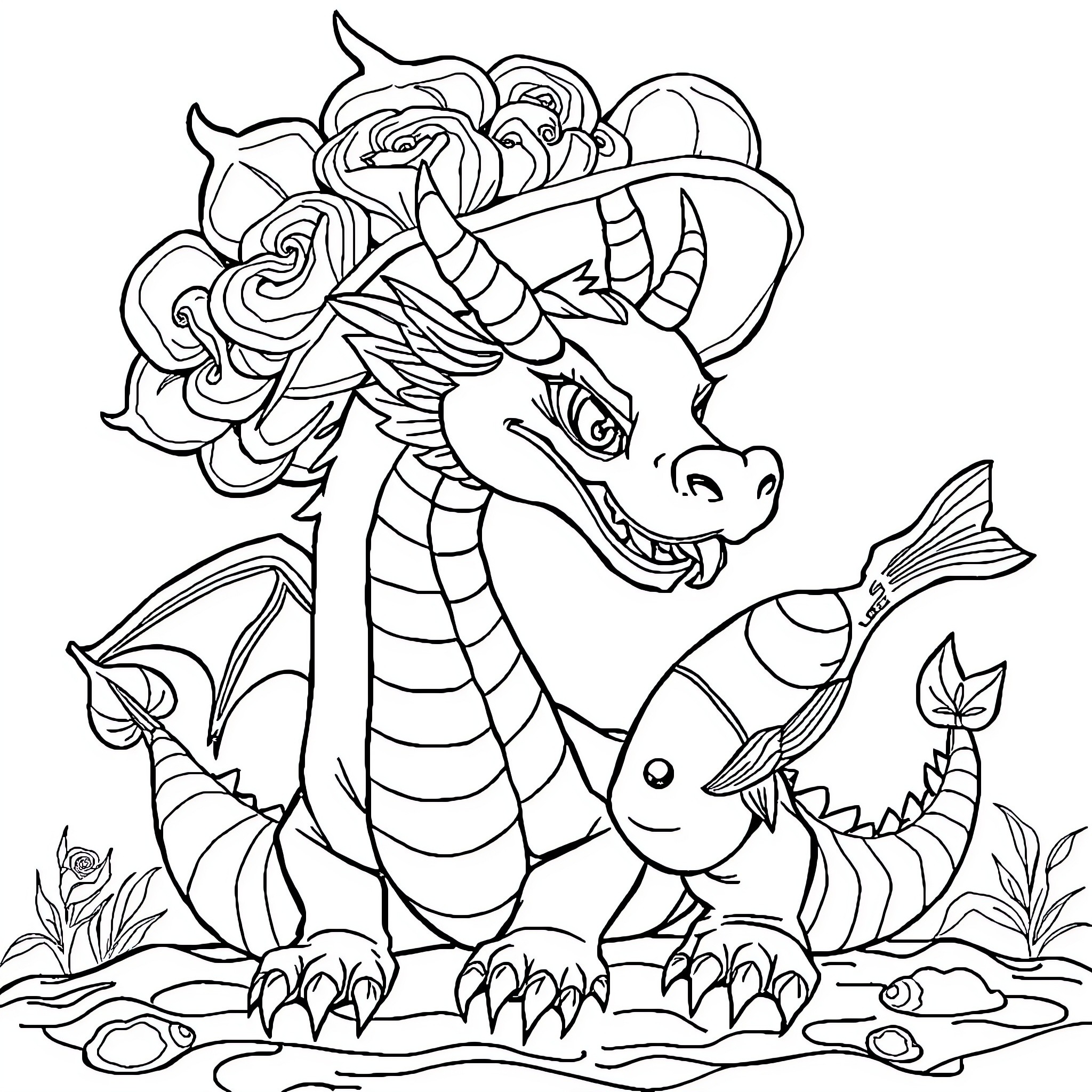 Dragon Protecting its Fish Companions in Nature Coloring Page (free black-and-white line drawing printable PDF for all, from beginners to advanced learners, including children, teens, adults, and seniors)