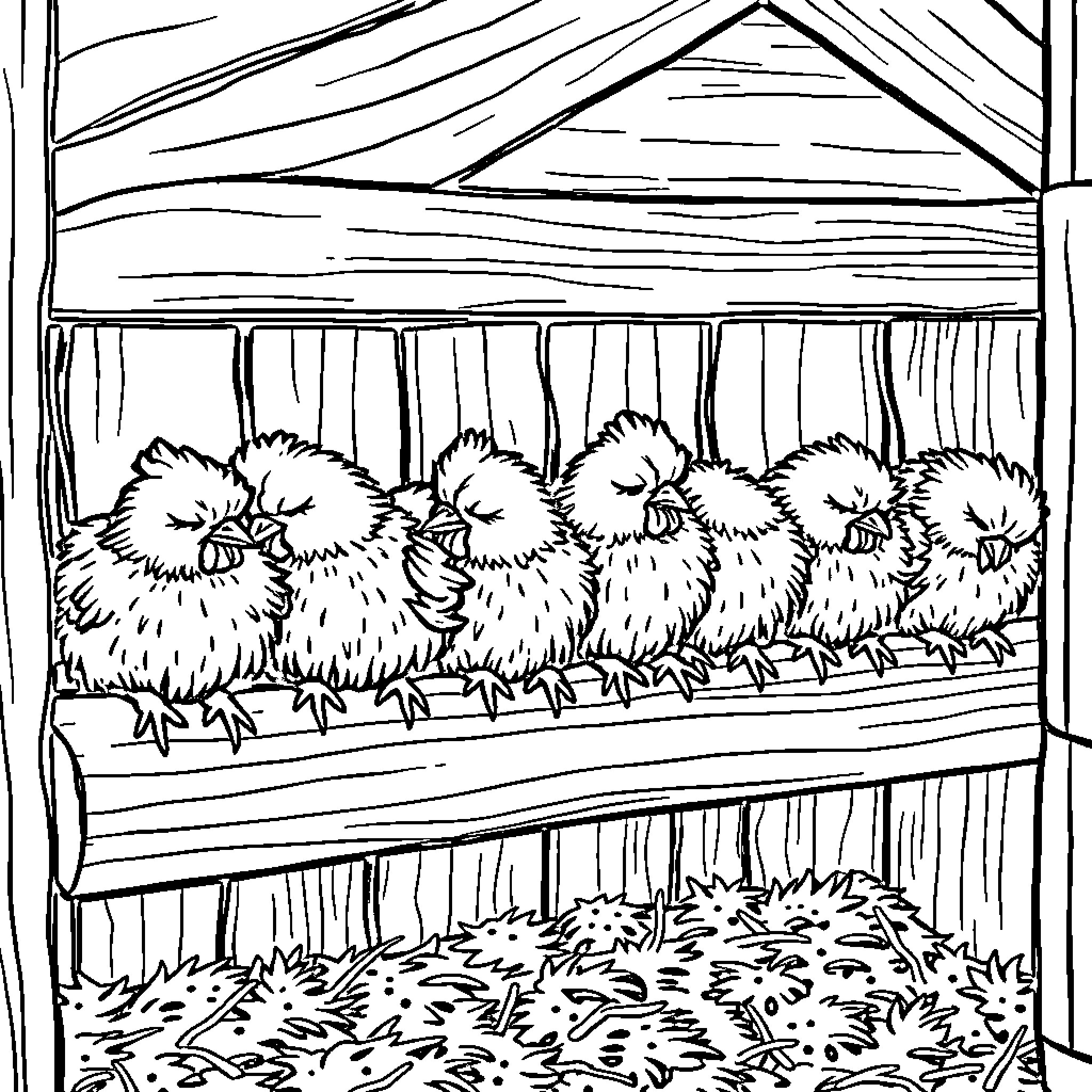 Chicken huddled together in a cozy coop Coloring Page (free black-and-white line drawing printable PDF for all, from beginners to advanced learners, including children, teens, adults, and seniors)