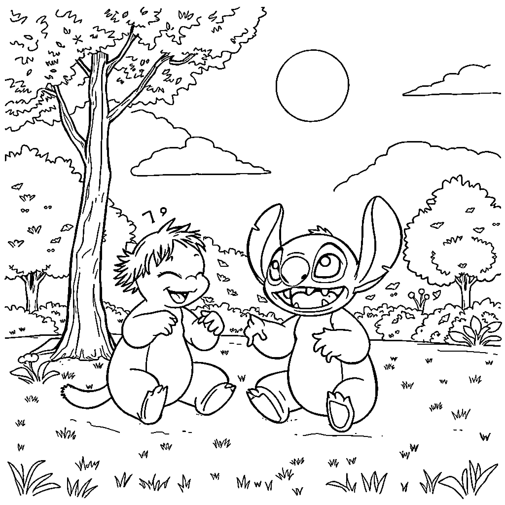 Nilo and Stitch playing in the park Coloring Page (free black-and-white line drawing printable PDF for all, from beginners to advanced learners, including children, teens, adults, and seniors)