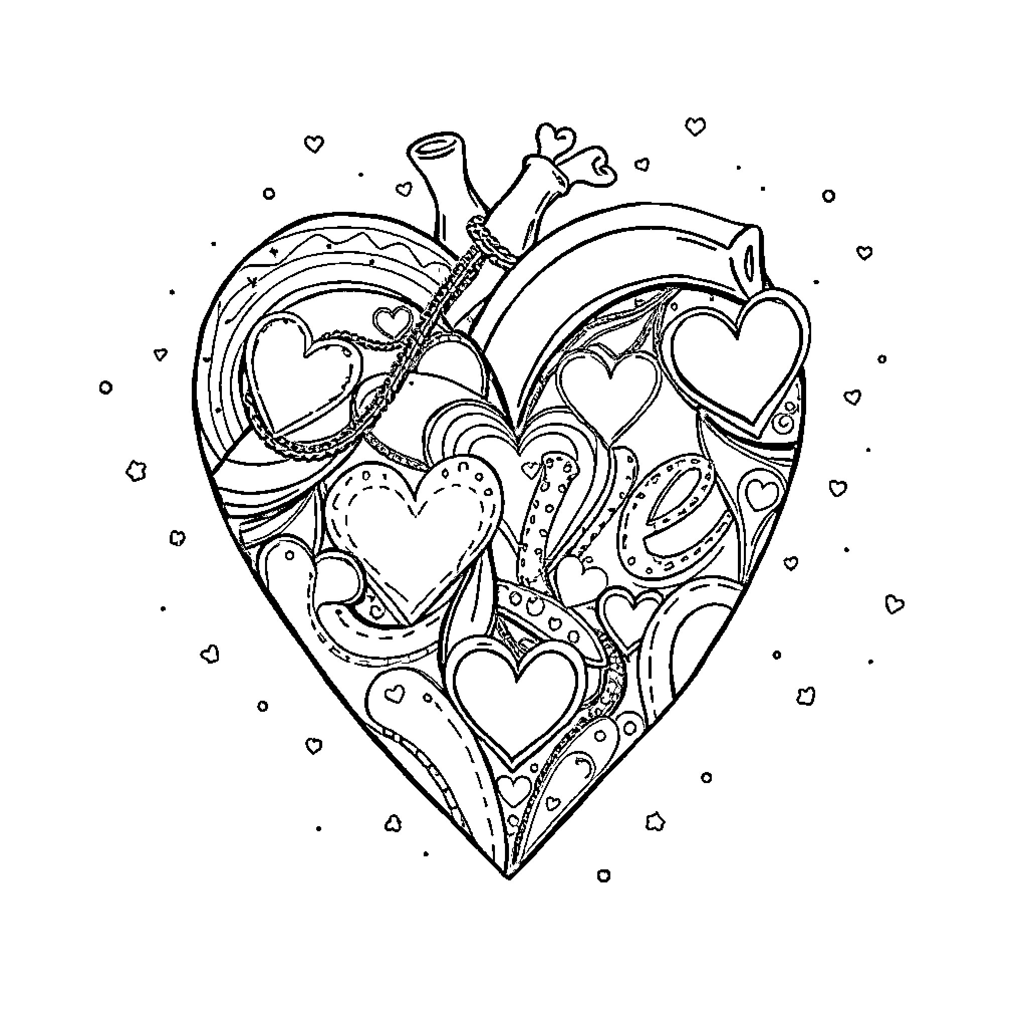 Heart adorned with various smaller hearts and decorative patterns Coloring Page (free black-and-white line drawing printable PDF for all, from beginners to advanced learners, including children, teens, adults, and seniors)