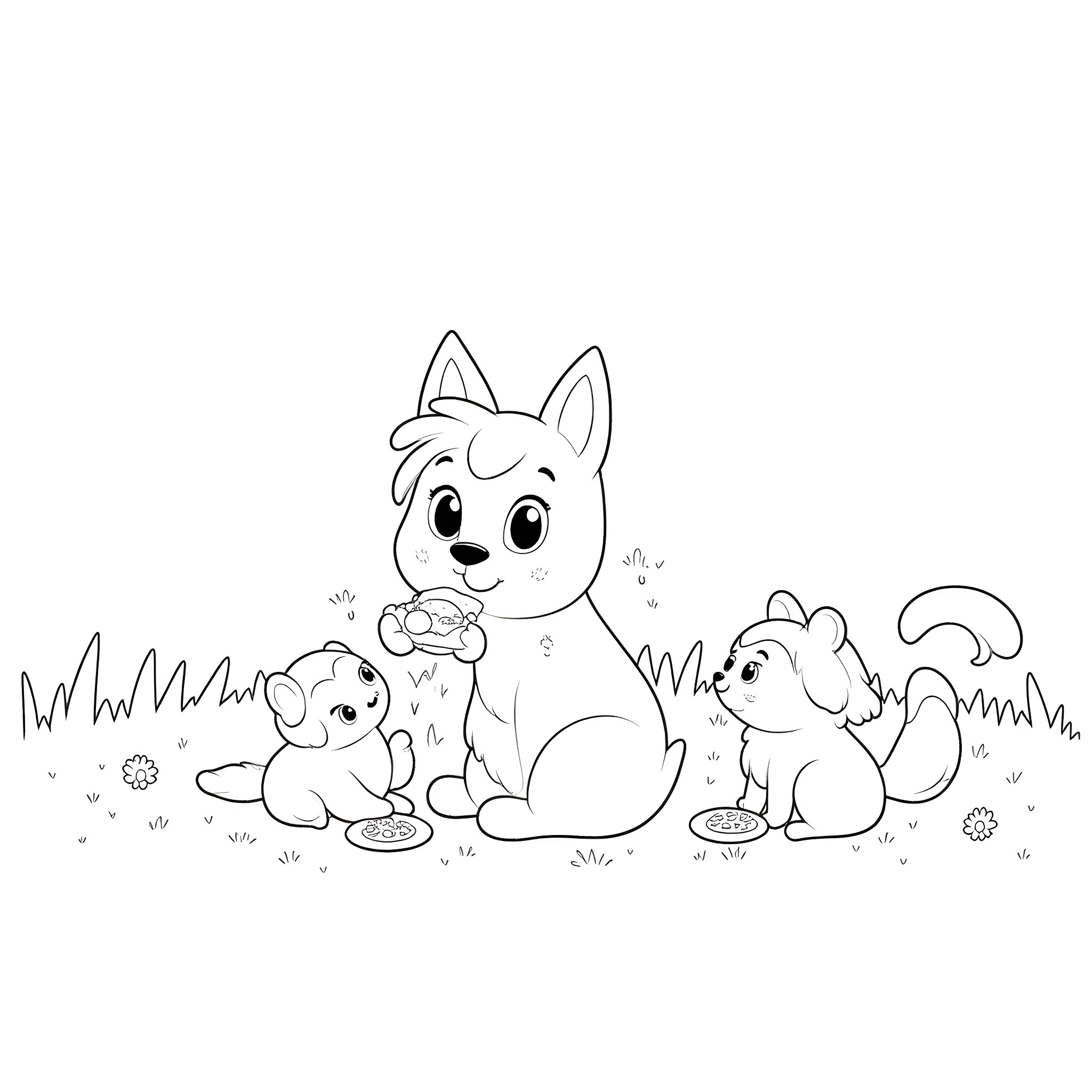 Bluey and her friends playing happily outdoors Coloring Page (free black-and-white line drawing printable PDF for all, from beginners to advanced learners, including children, teens, adults, and seniors)